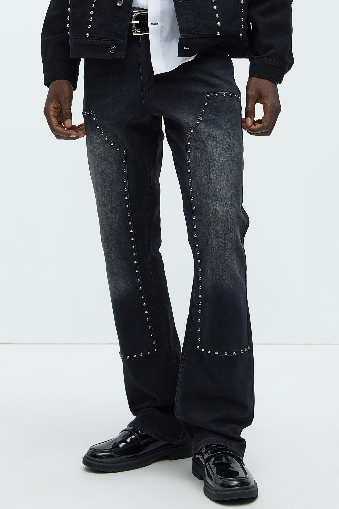 Rivetting Studded Stacked Slim Flare Jeans - Black