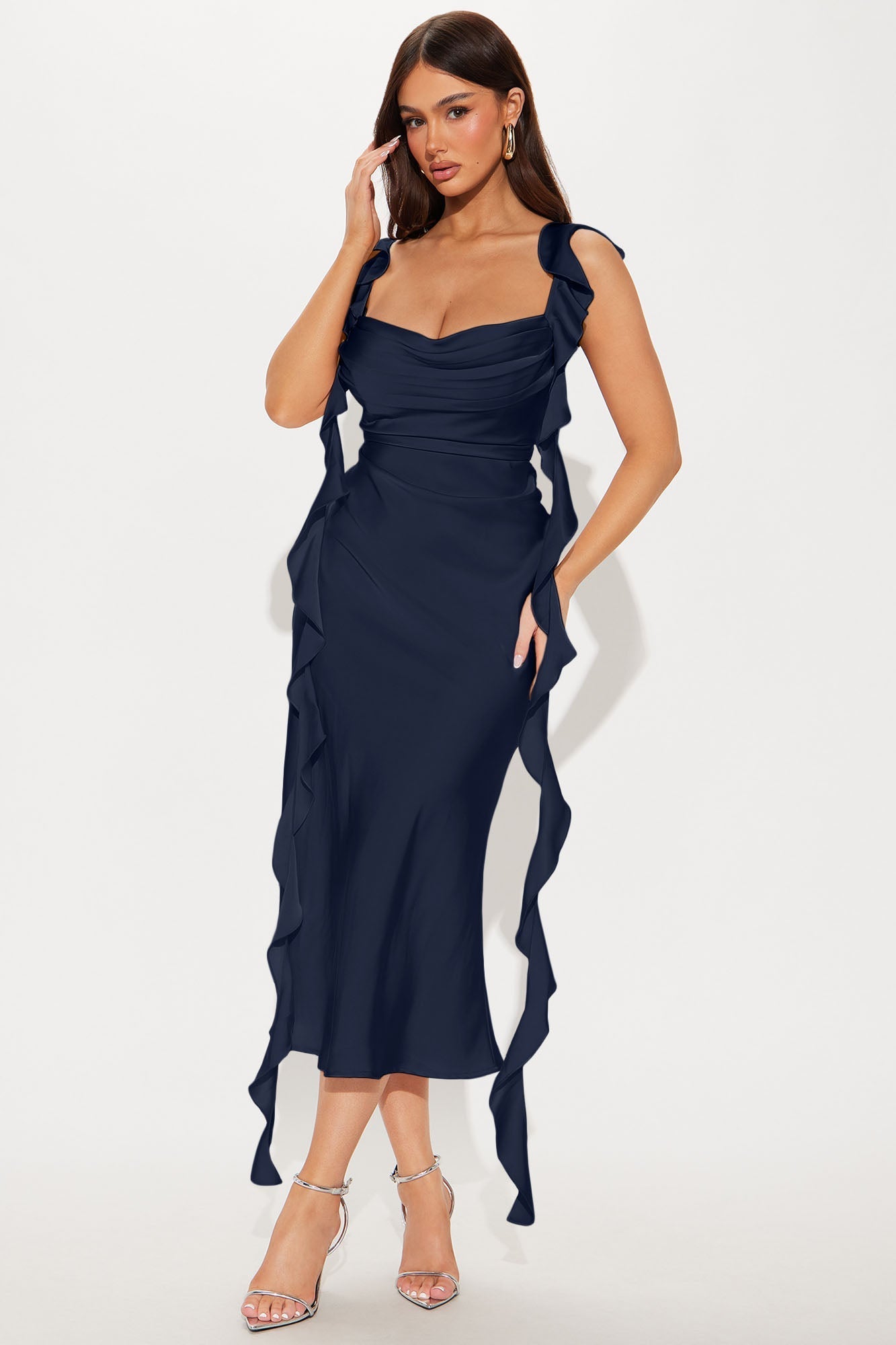 Ever So Sweet Satin Ruffle Midi Dress - Navy