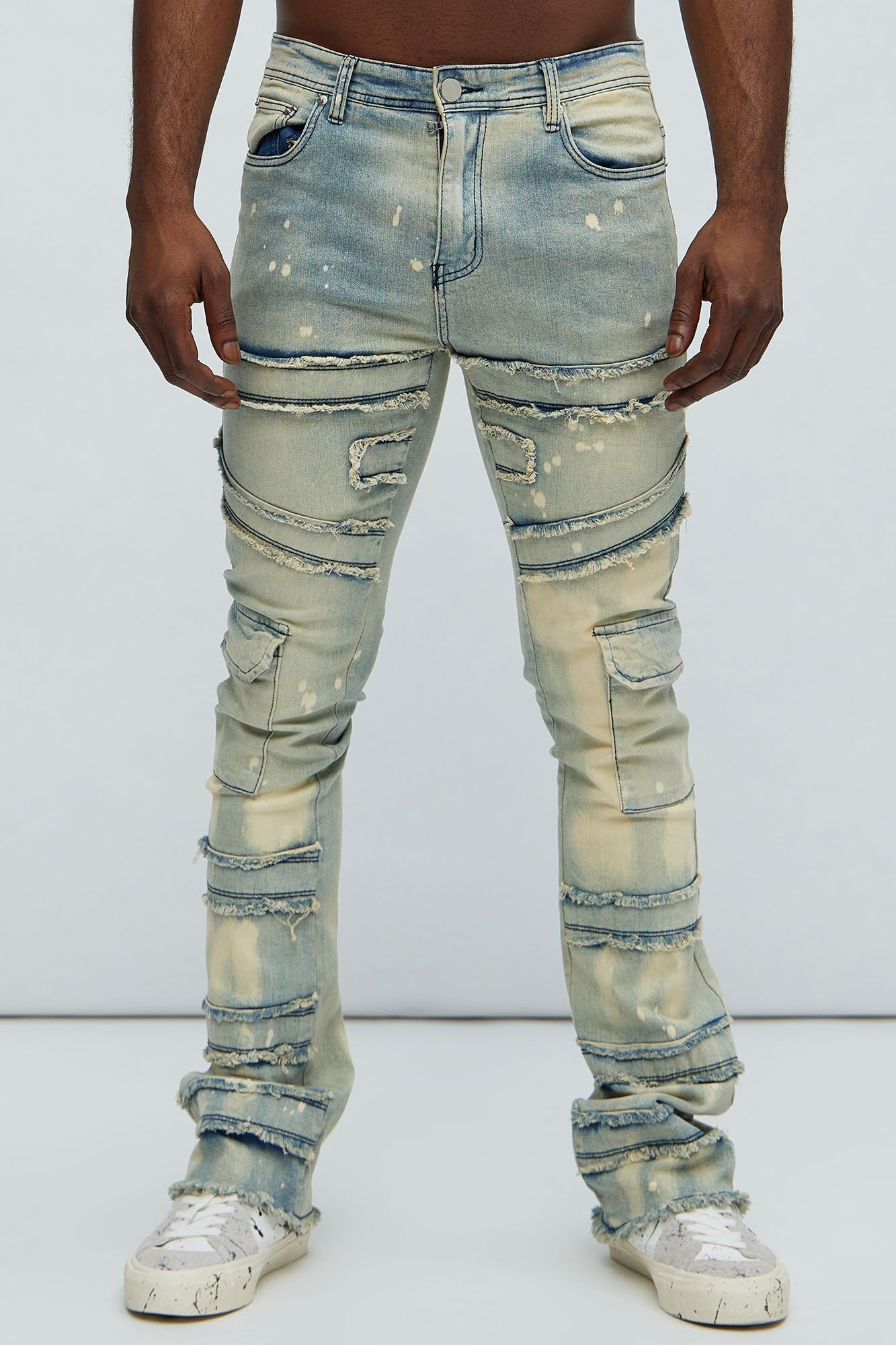 With Some Fray Skinny Flare Cargo Jeans - Light Blue Wash