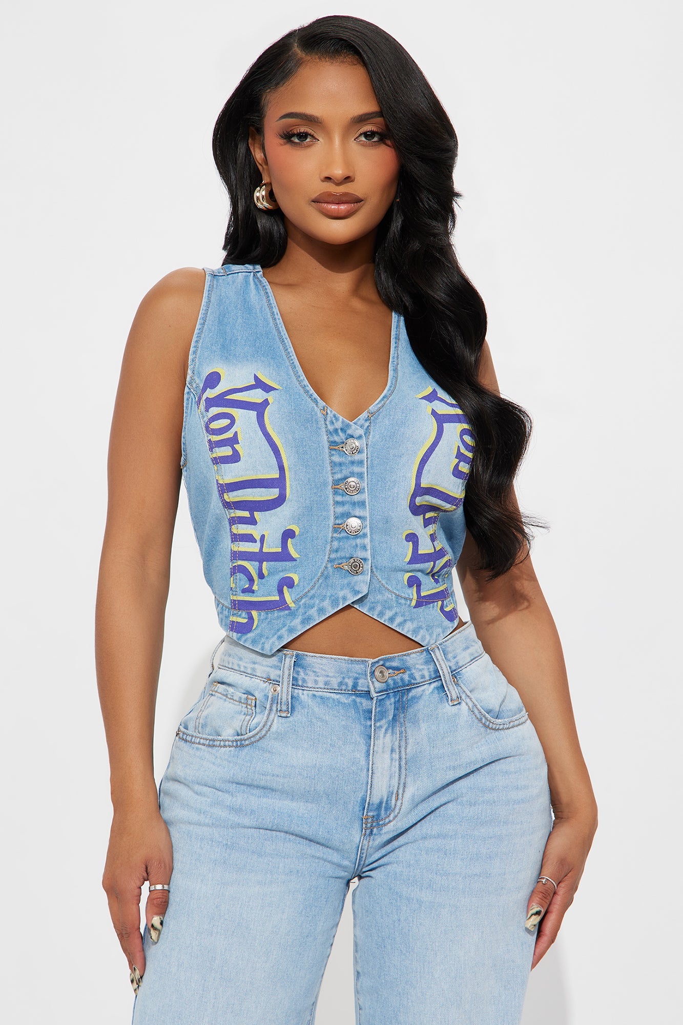 Von Dutch Eyeball Patchwork Denim Vest - Medium Wash