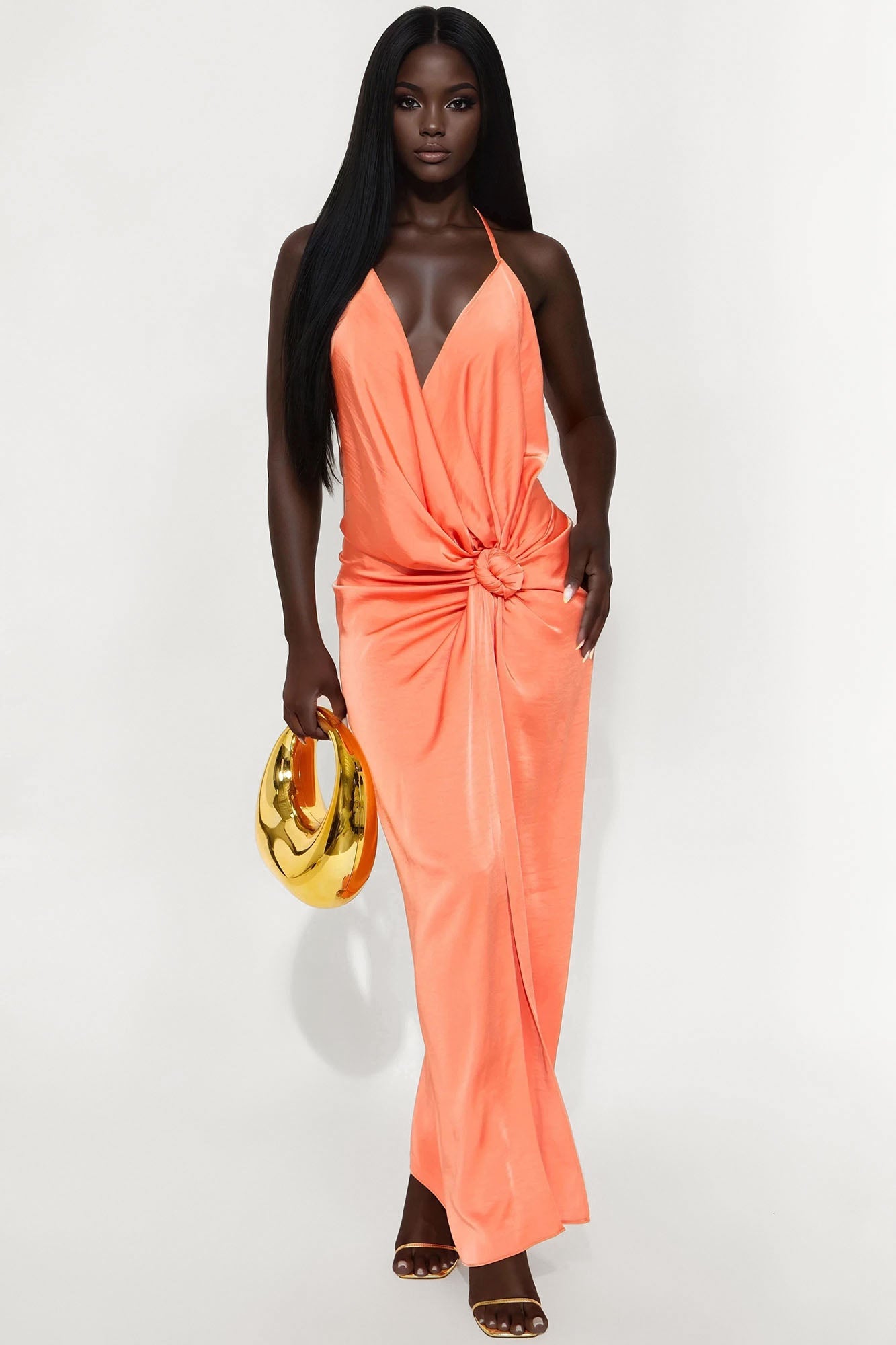 Evening Bliss Backless Satin Maxi Dress - Orange