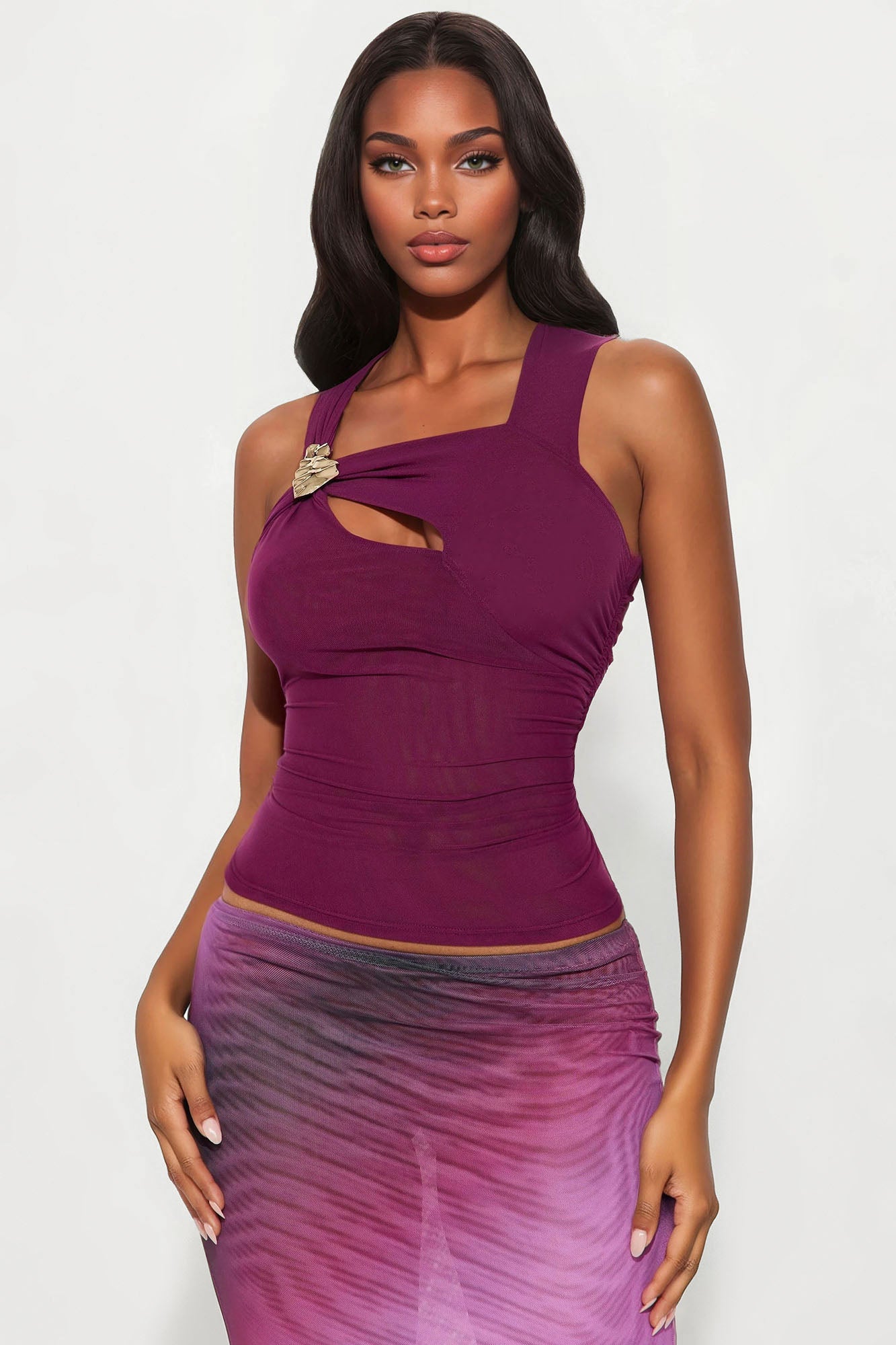 Iyla Ruched Cut Out Mesh Top - Plum