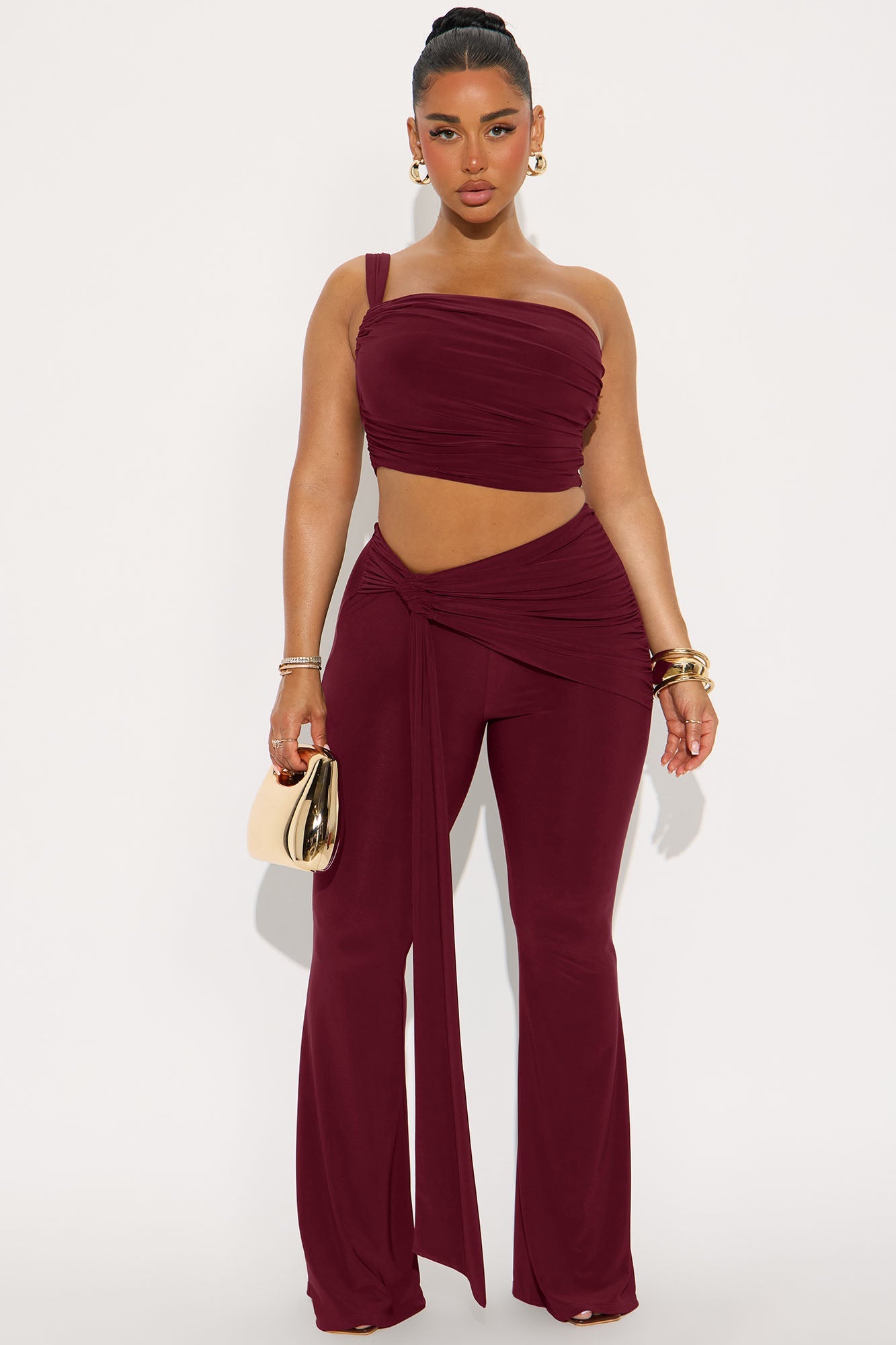 Kairo Ruched Flare Pant Set - Burgundy