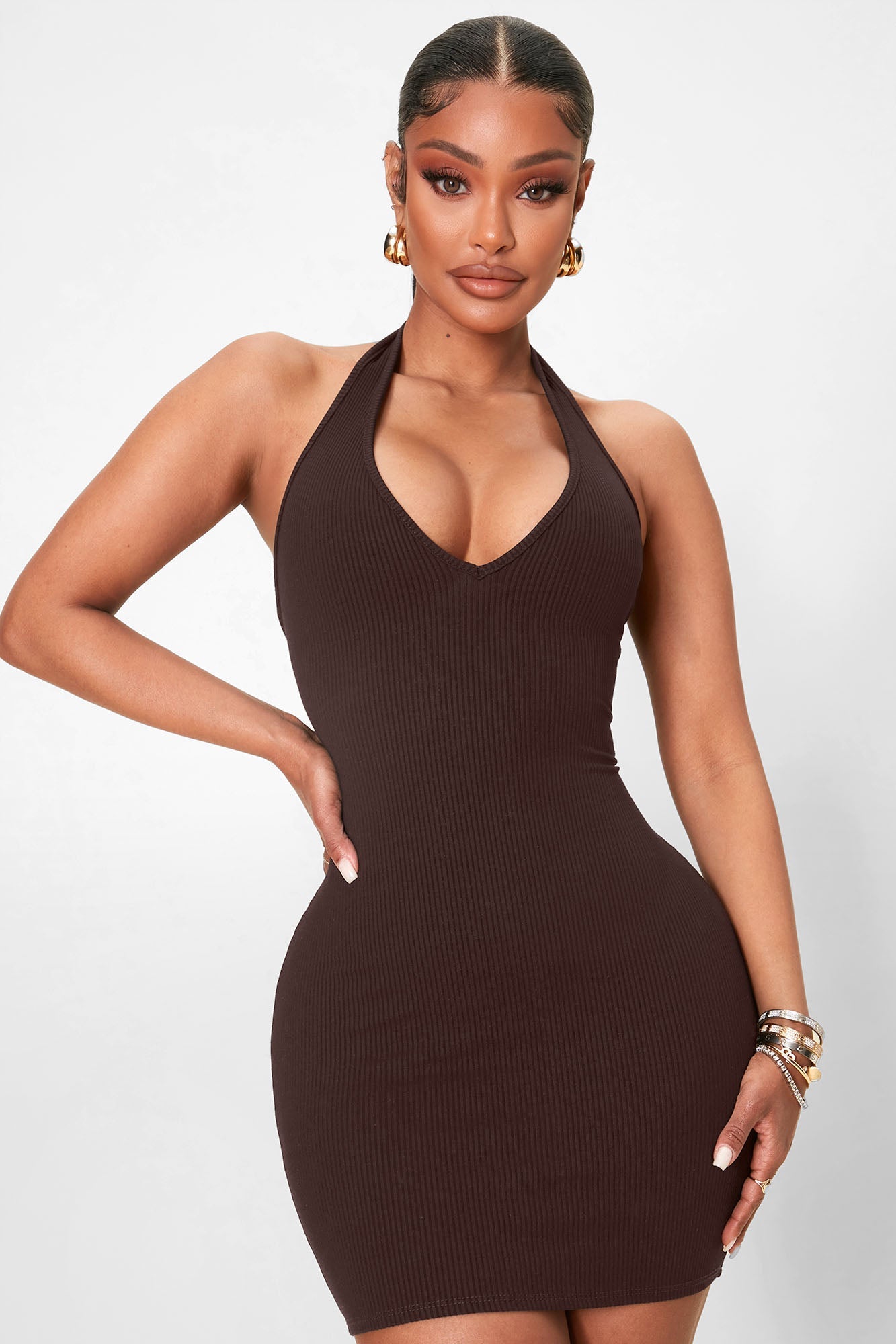 Celeste Snatched Halter Mini Dress - Chocolate
