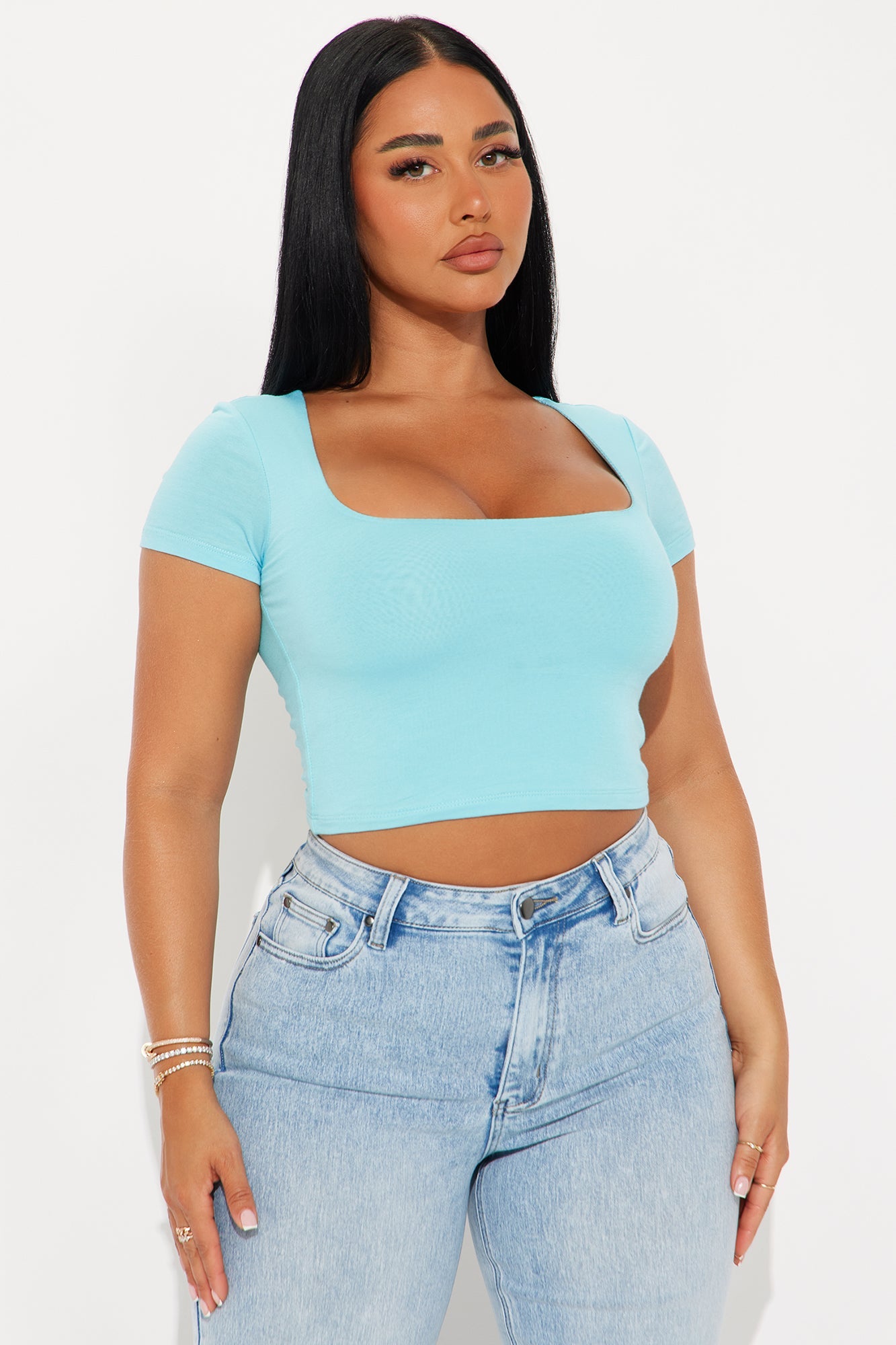Adriana Double Lined Square Neck Short Sleeve Top - Ice Blue