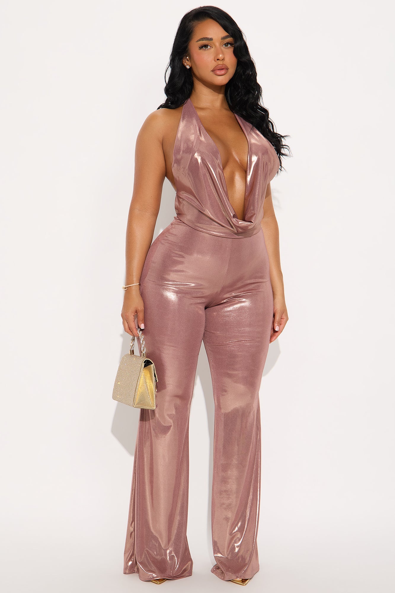 Mia Metallic Halter Jumpsuit - Rose Gold