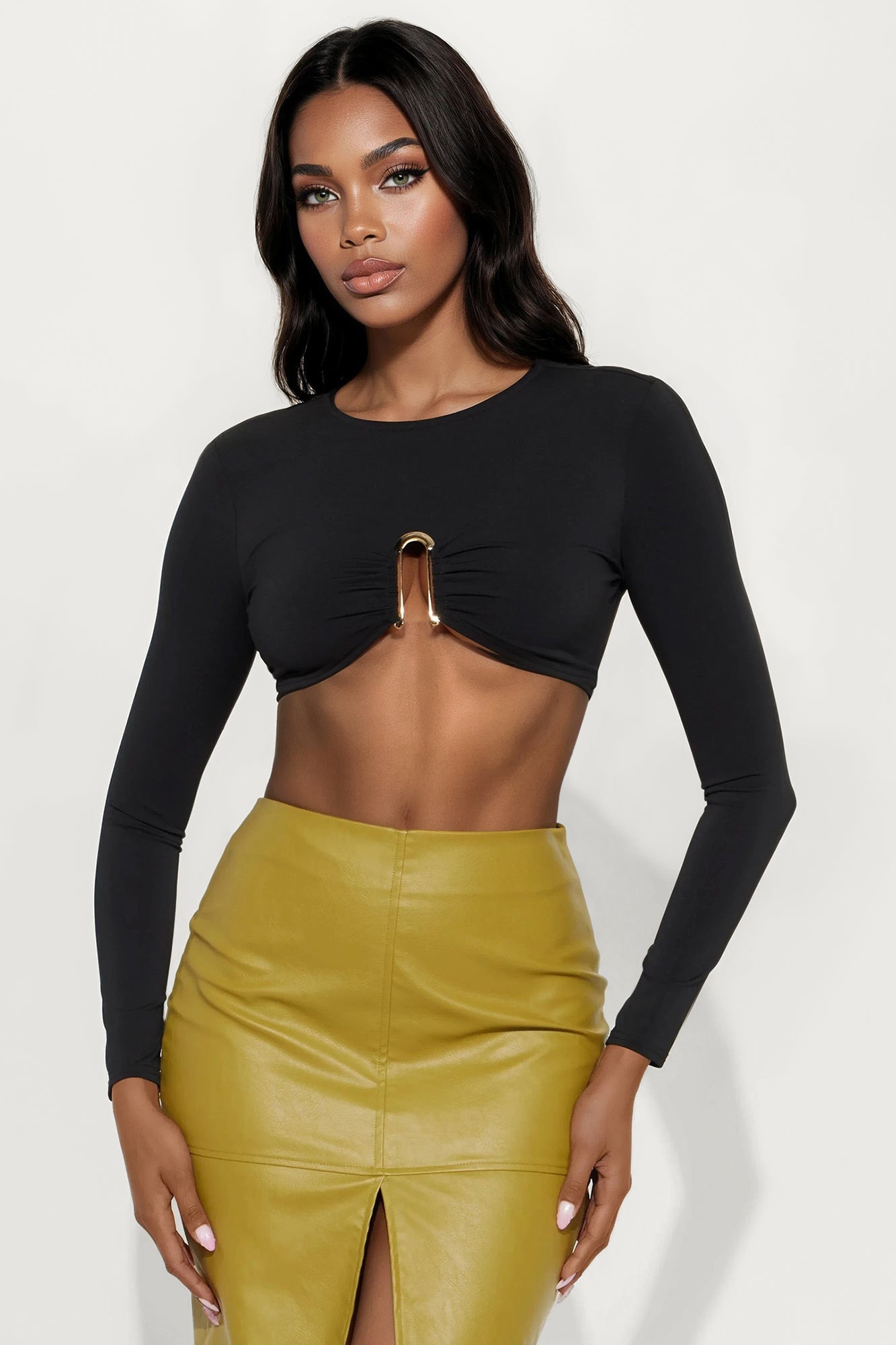 Speakeasy Ruched Long Sleeve Cropped Top - Black