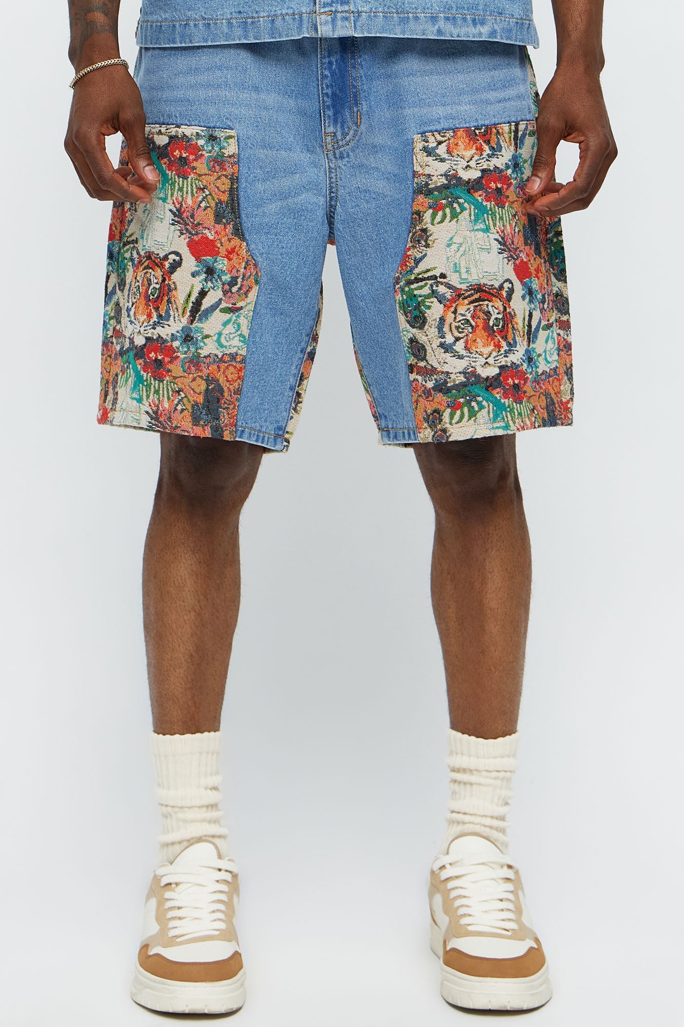 Relaxed Ansel Tapestry Carpenter Denim Shorts - Blue/combo