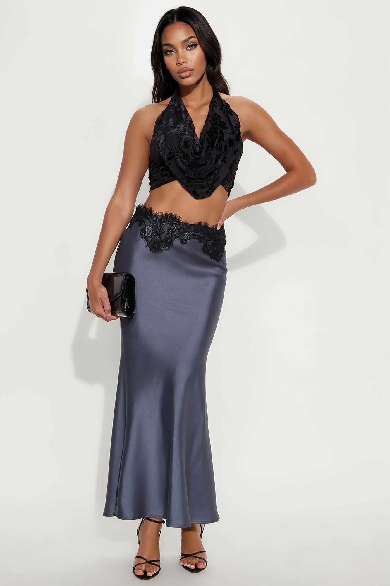 Selene Satin Lace Maxi Skirt - Slate Blue