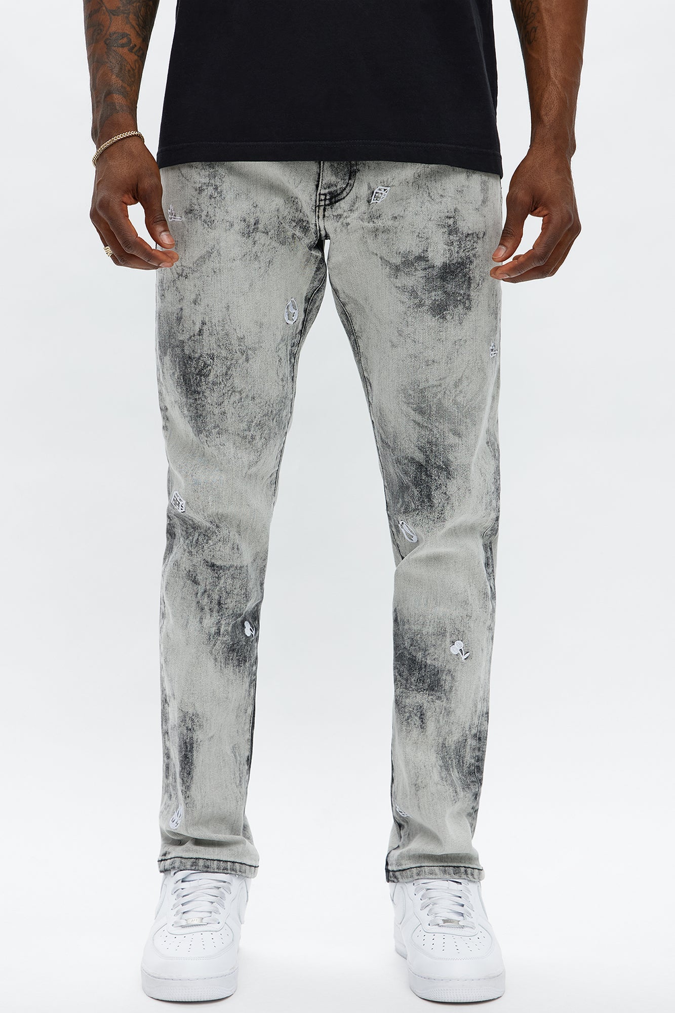 Skinny Fade Embroidered Bleached Jeans - Black/Smoke