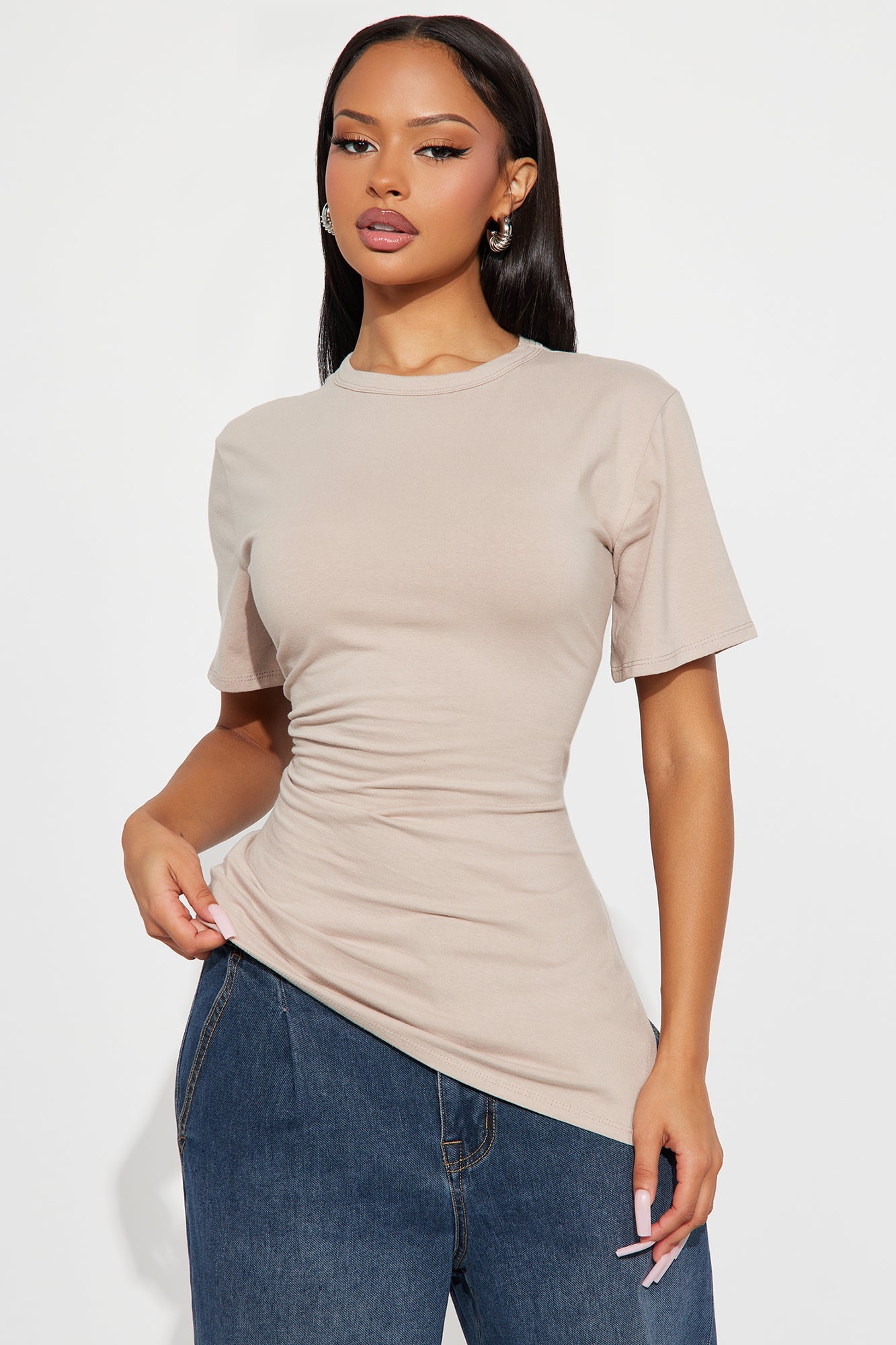 Roseline Short Sleeve Ruched Tshirt - Stone
