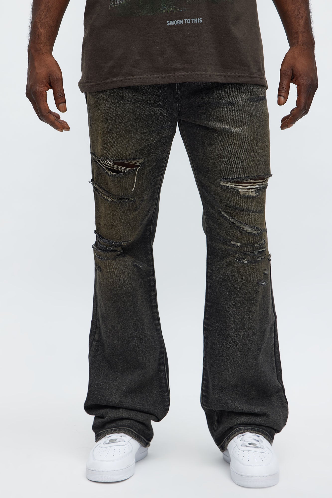 Stacked Slim Flare All Alone Distressed Jeans - Black Wash
