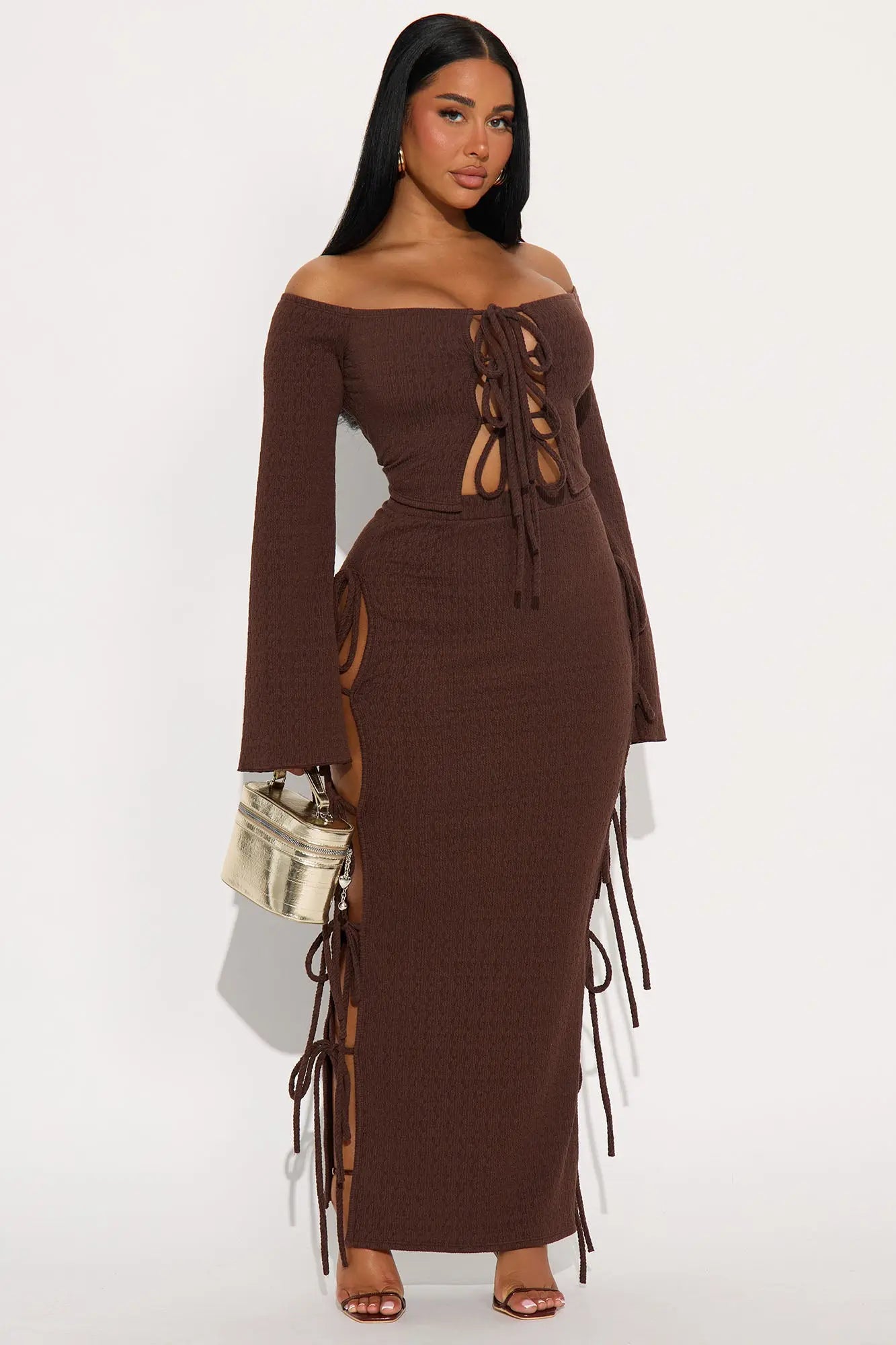 Perfectly Situated Textured Knit Maxi Skirt Set - Brown