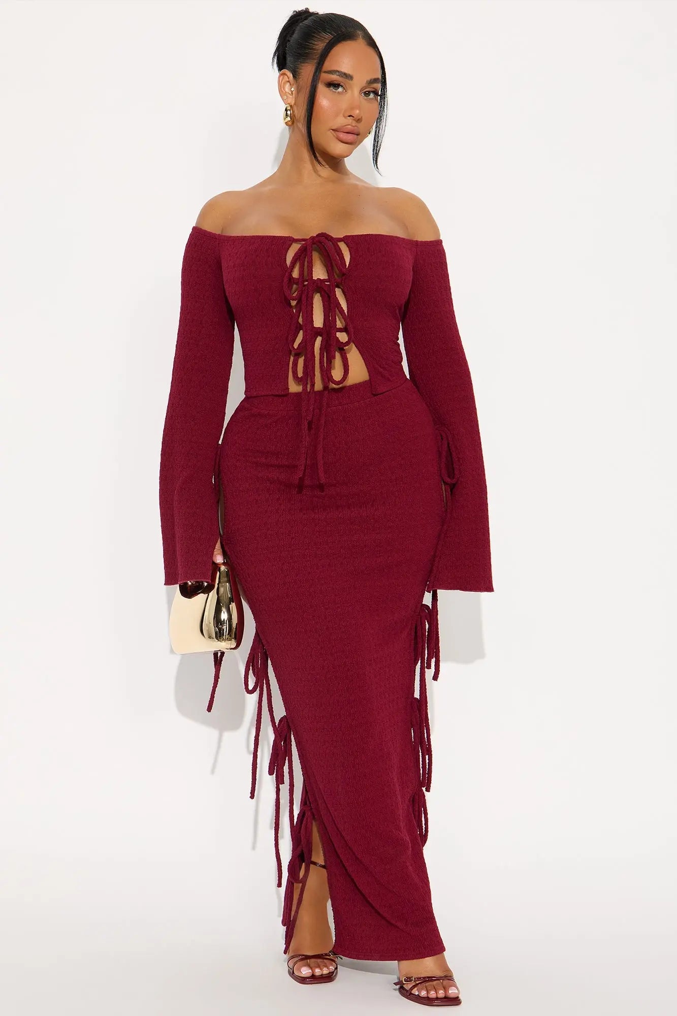 Perfectly Situated Textured Knit Maxi Skirt Set - Wine