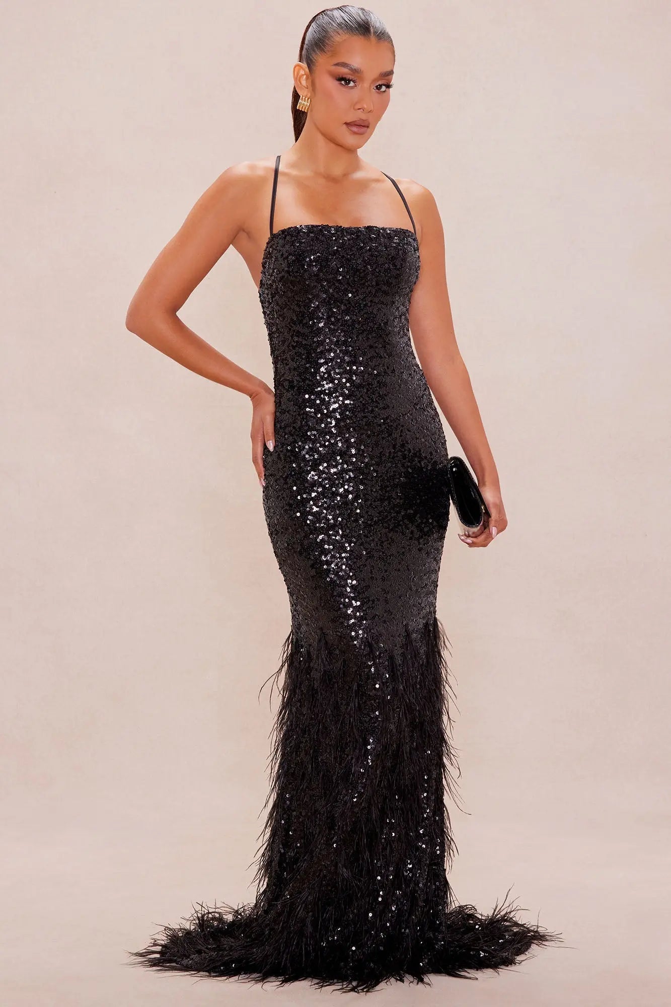 Davina Feathered Sequin Maxi Dress - Black