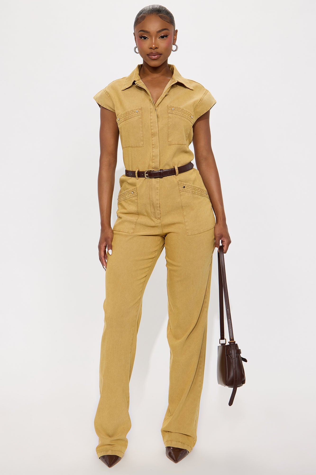 Karmina Belted Striaght Leg Jumpsuit - Tan