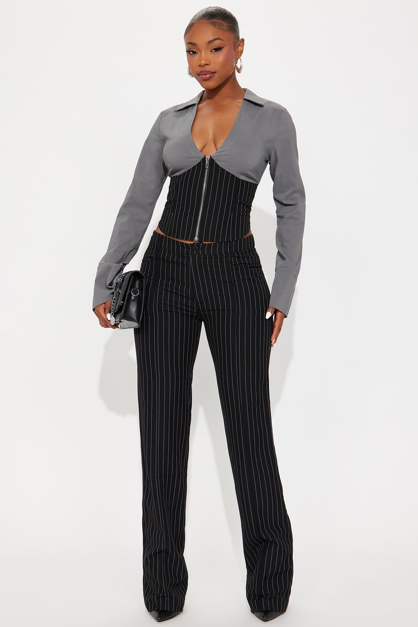 Salma Pinstripe Flare Leg Pant Set - Black/combo
