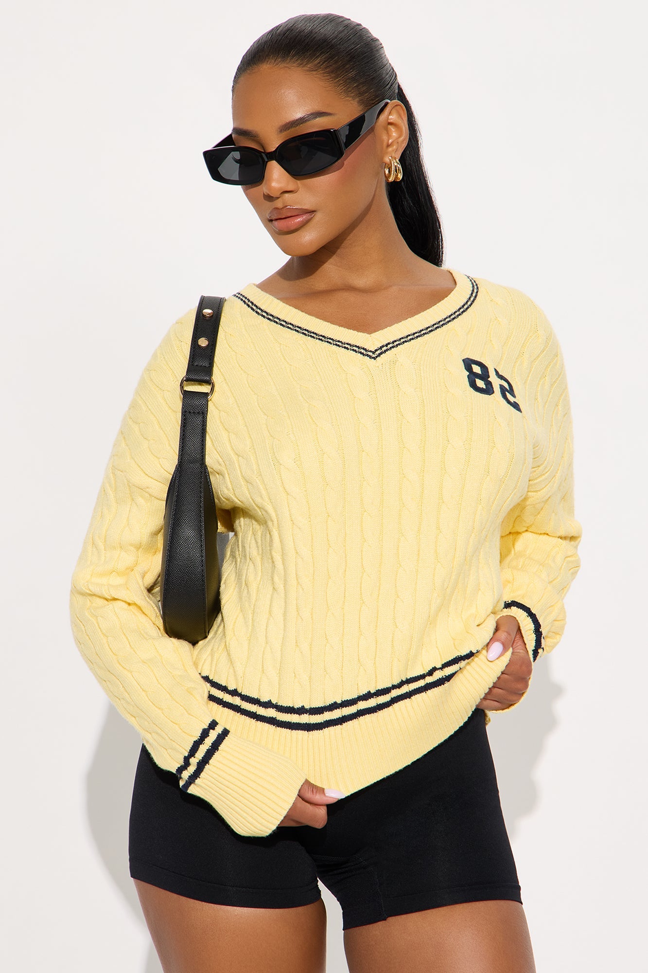 82 Varsity Cable Knit Pullover Sweater - Butter Yellow