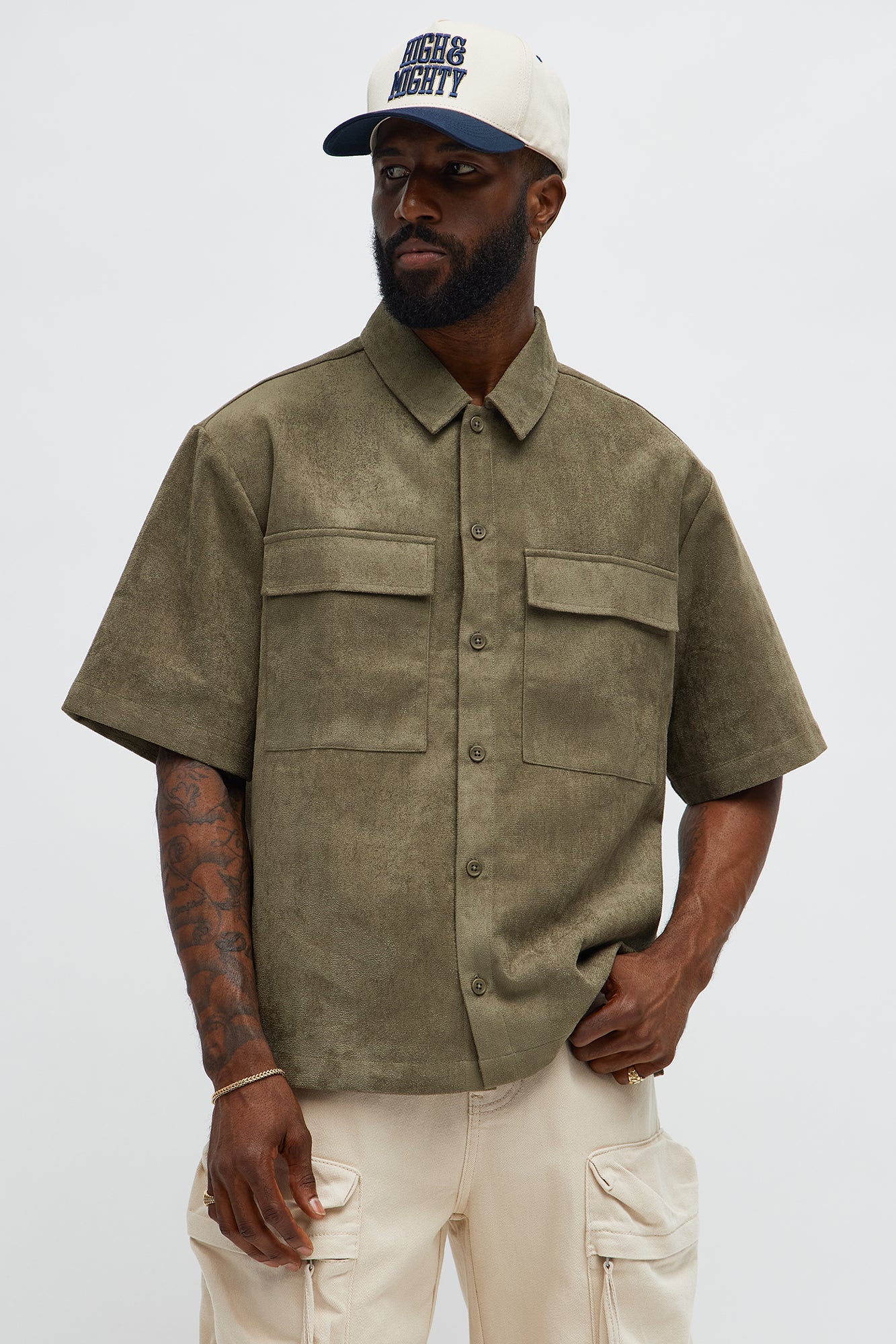 Relaxed Brushed Double Pocket Button Up Shirt - Olive