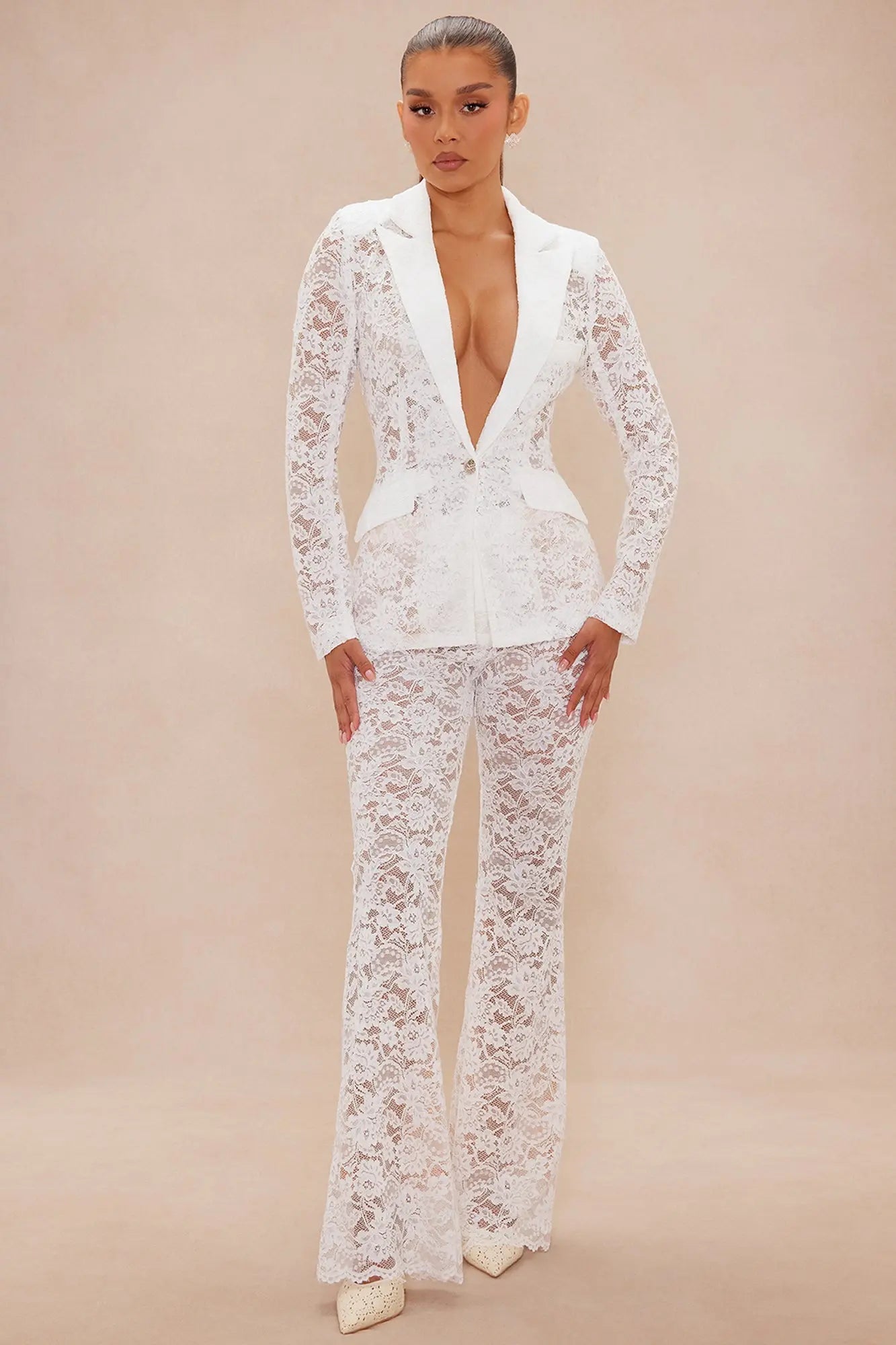 Chania Lace Blazer Suit Set - White