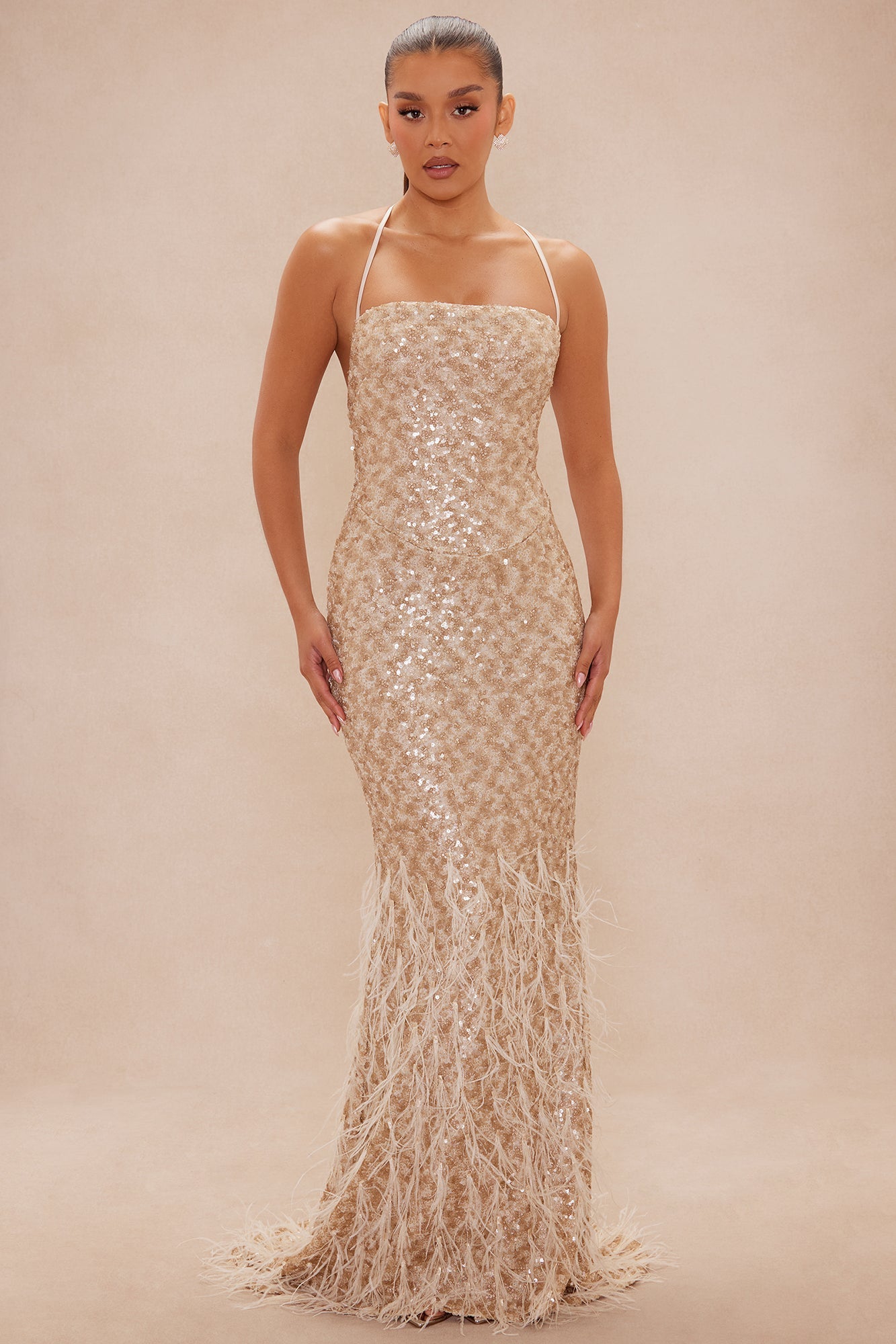 Davina Feathered Sequin Maxi Dress - Nude