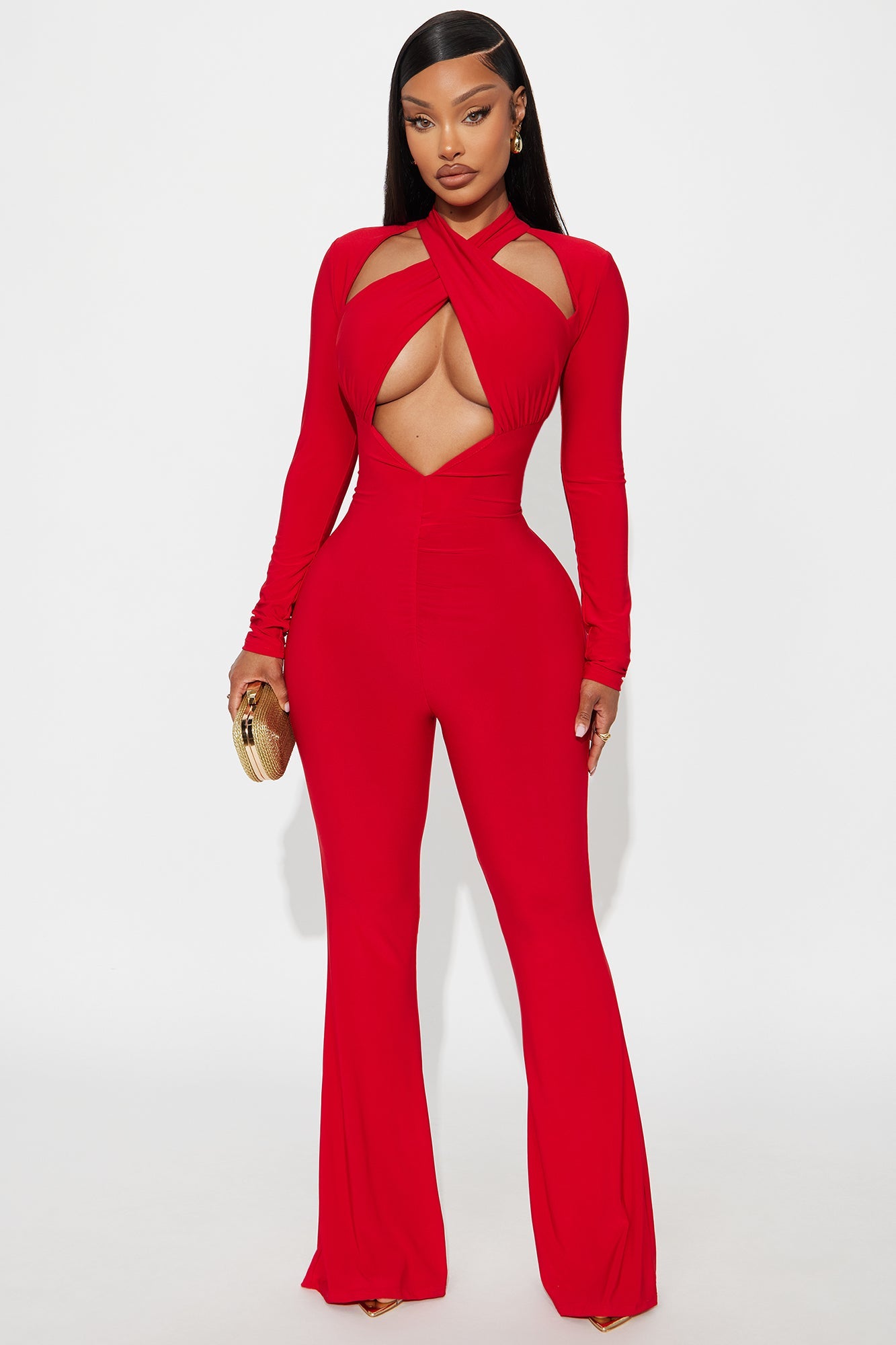 Stacey Long Sleeve Flare Leg Jumpsuit - Red