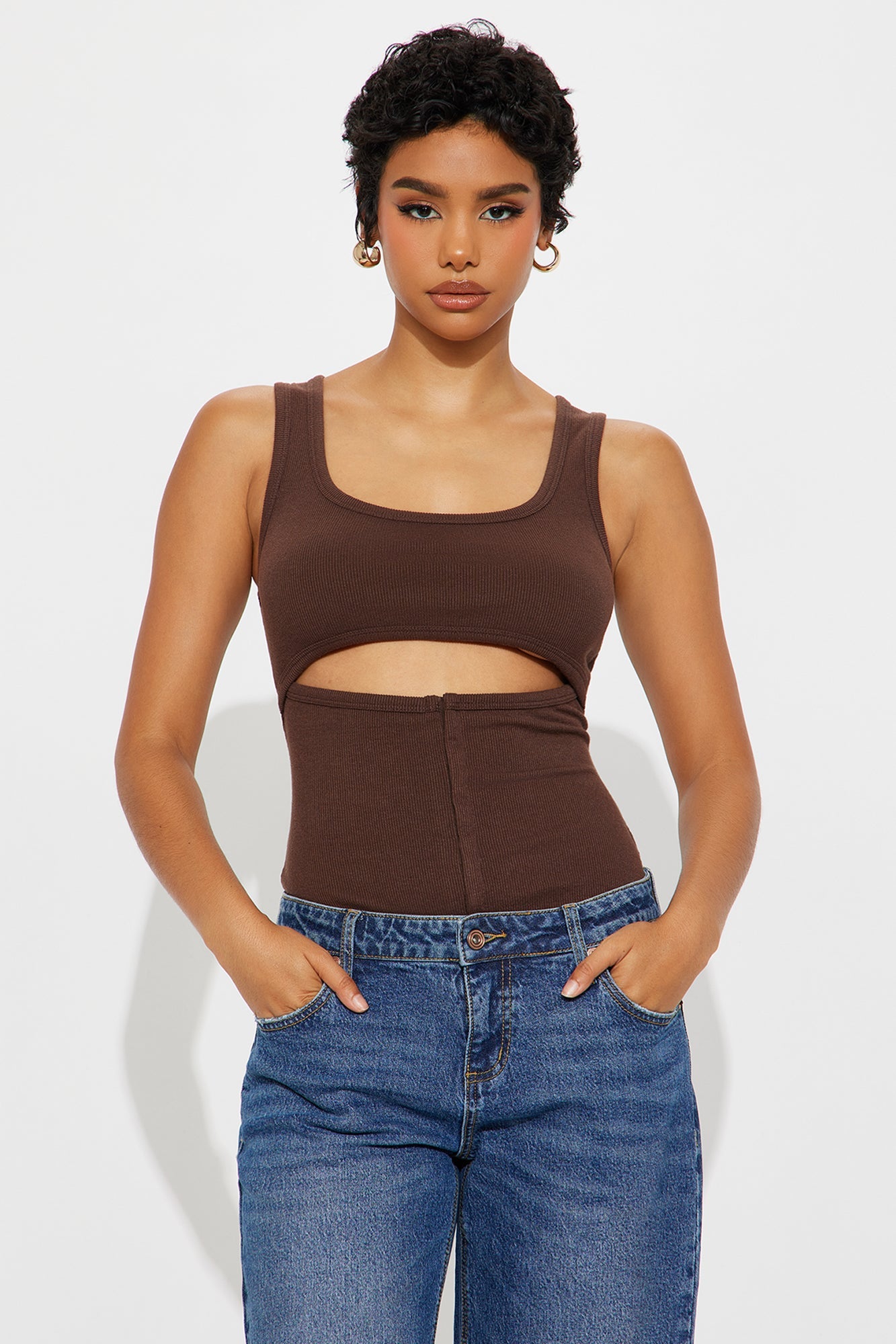 Liora Cut Out Ribbed Tank Top - Brown