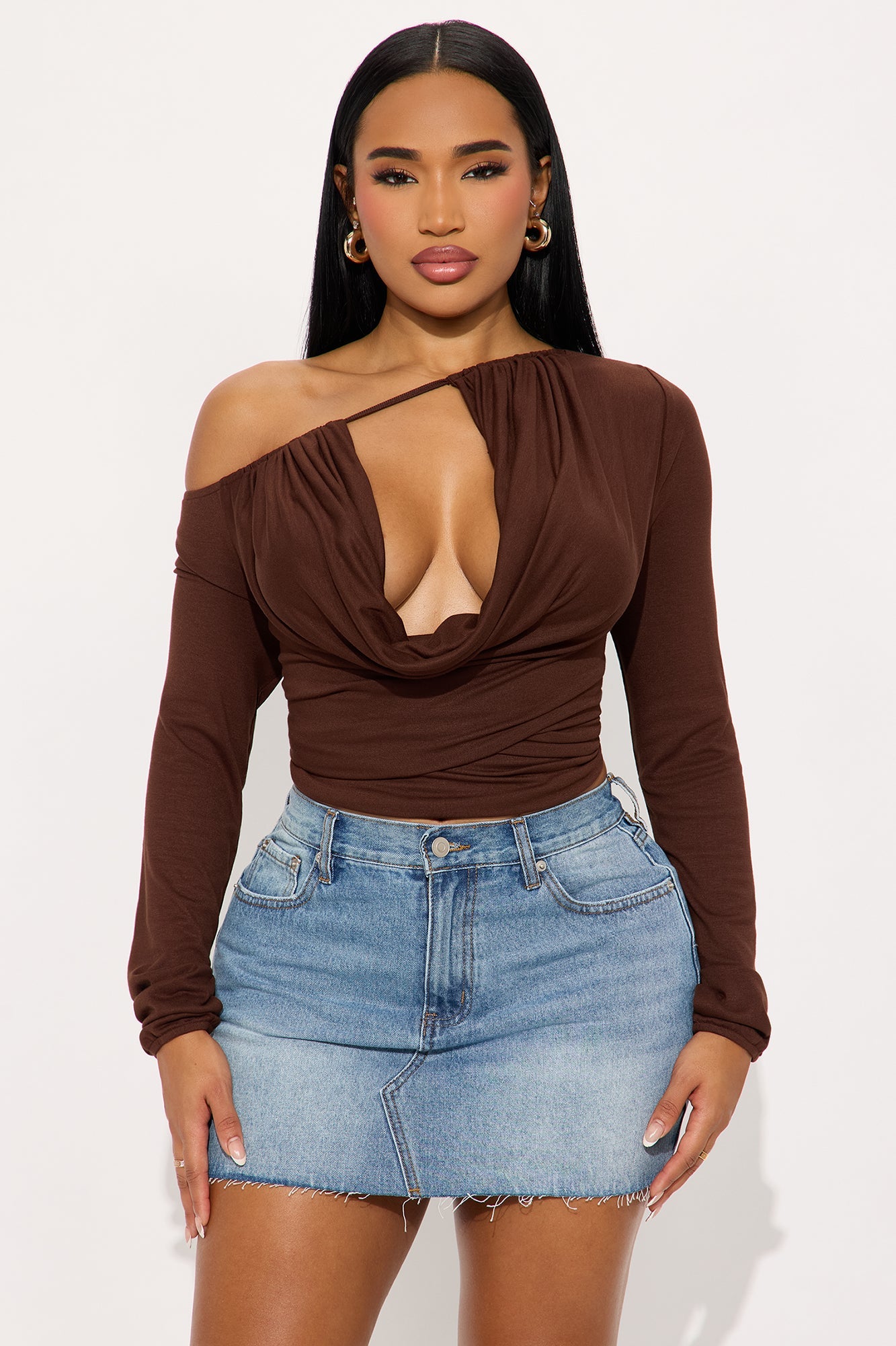 Chain Reaction Draped Off Shoulder Top - Brown