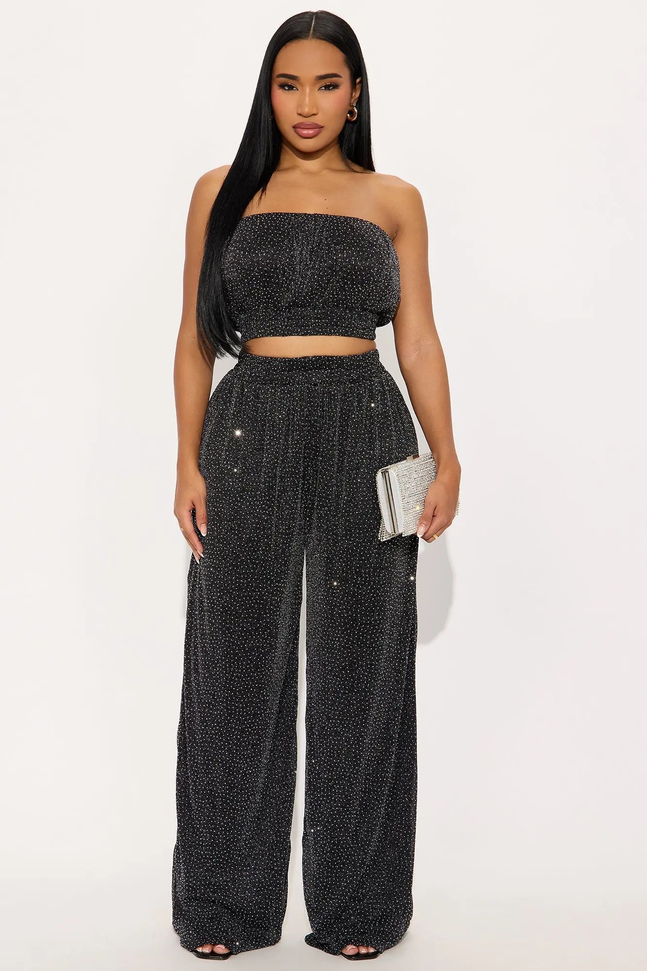 Sheena Rhinestone Mesh Pant Set - Black