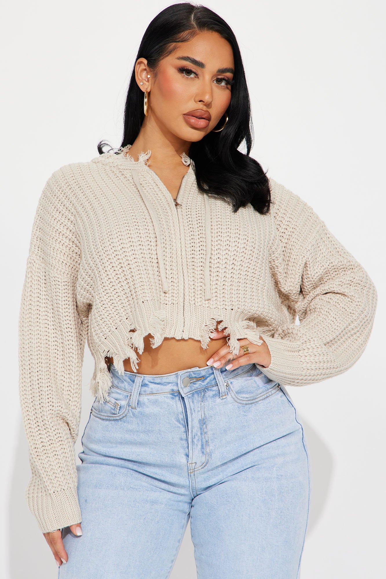 Emery Distressed Cropped Cardigan Sweater - Oatmeal
