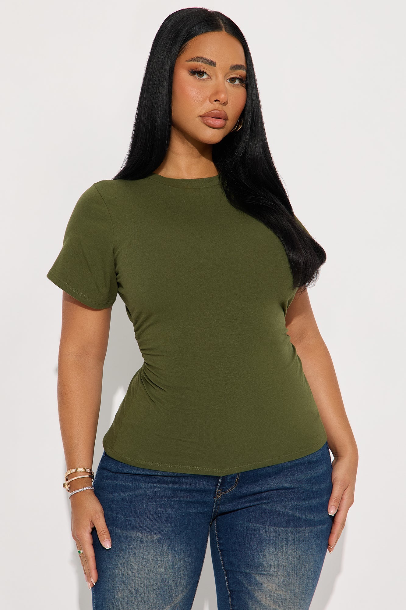 Simply Me Ruched Short Sleeve T-Shirt - Olive