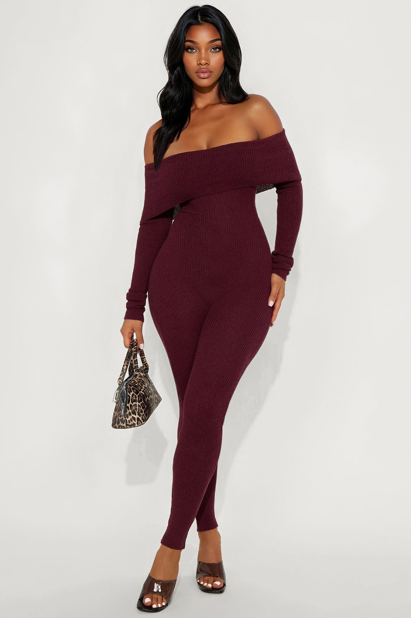 Just For Me Sweater Off Shoulder Skinny Leg Jumpsuit - Wine