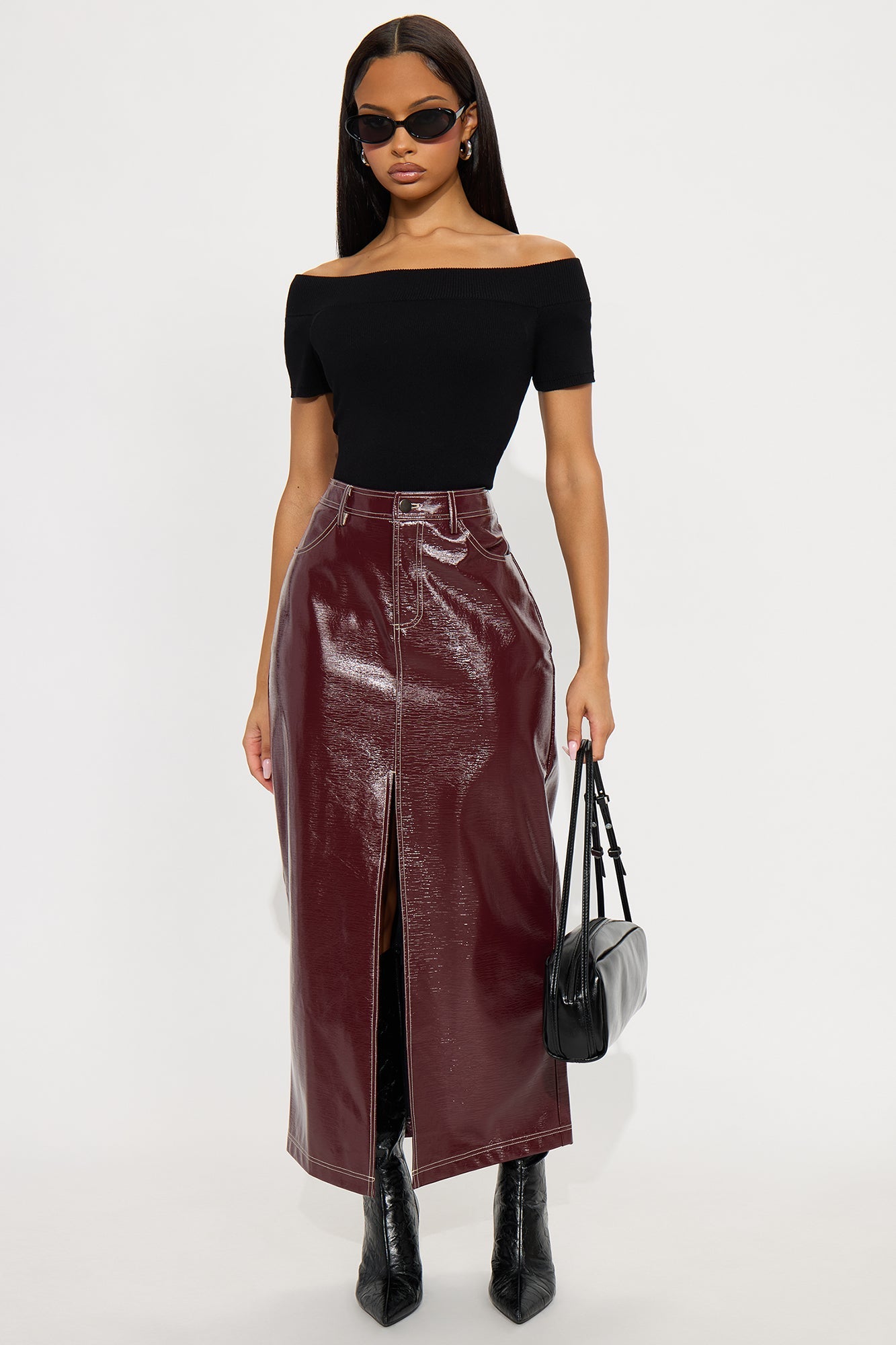 Set The Tone High Slit Patent Faux Leather Maxi Skirt - Burgundy