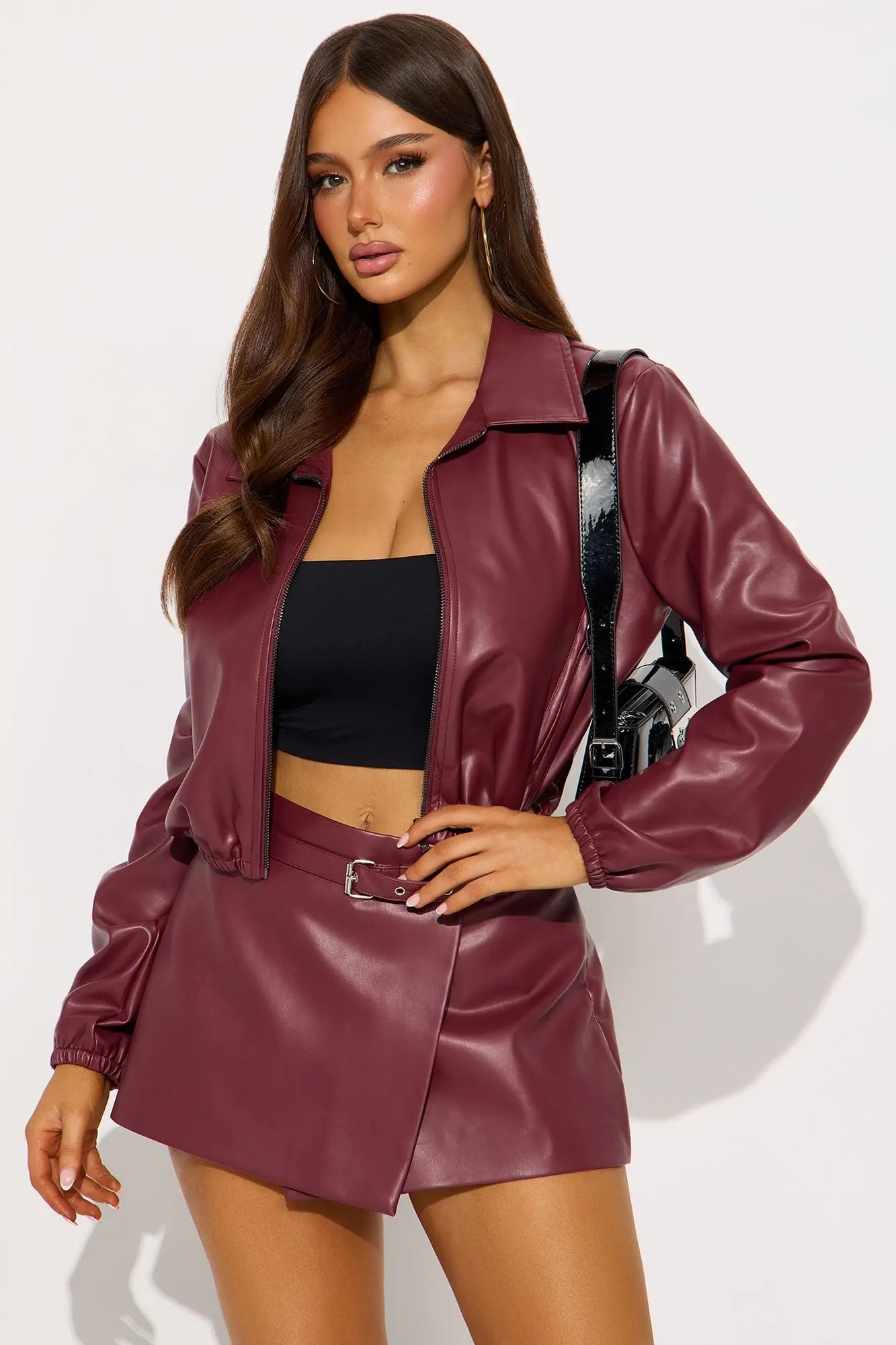Jessica Faux Leather Jacket Skort Set - Burgundy