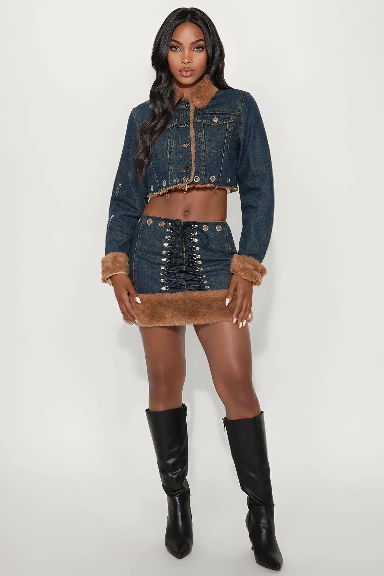 Fur The Win Denim Skirt Set - Dark Wash
