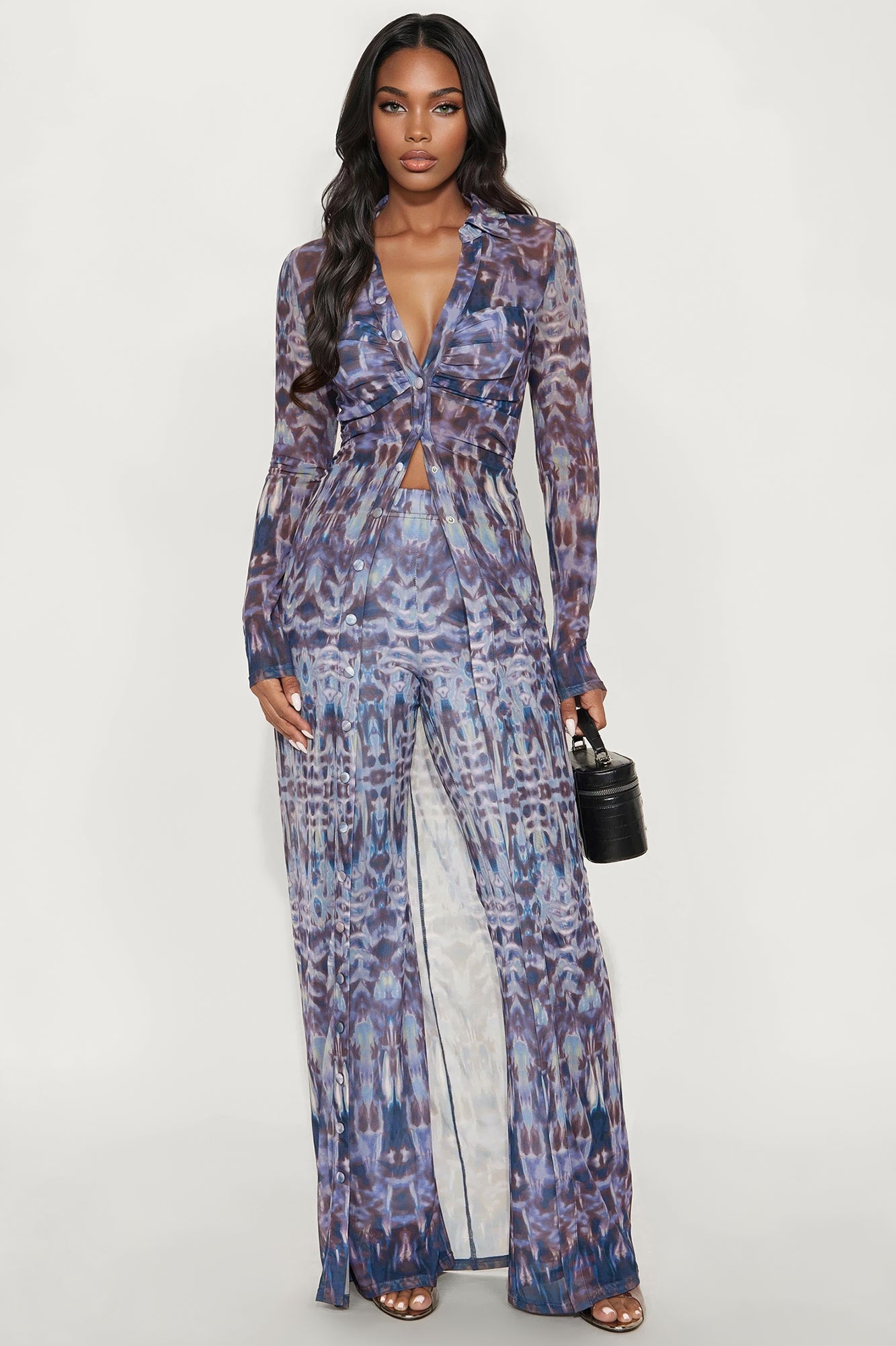 Elise Flowy Shirt And Mesh Pant Set - Plum