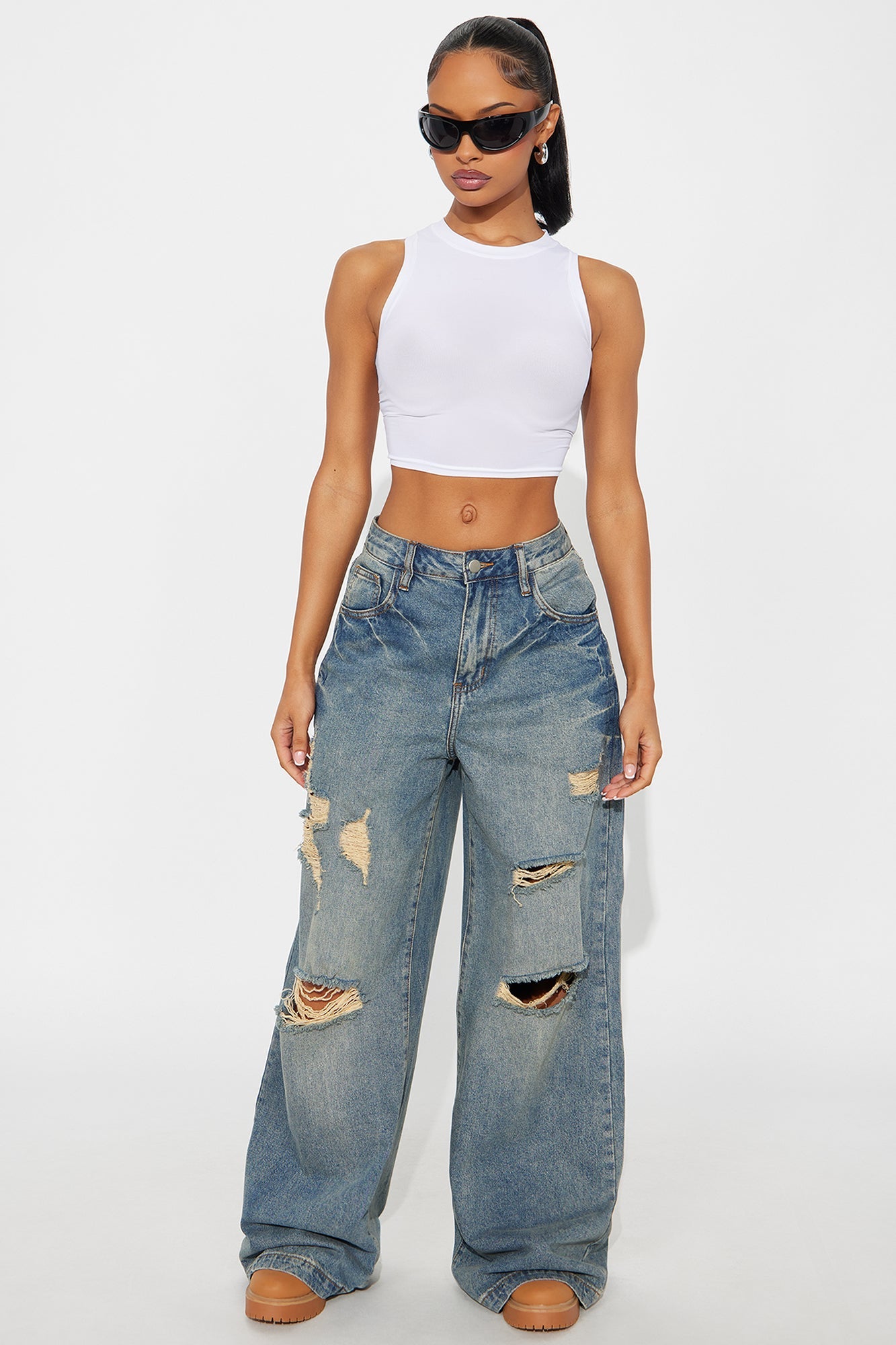 Sunset Avenue Ripped Wide Leg Jeans - Vintage Wash