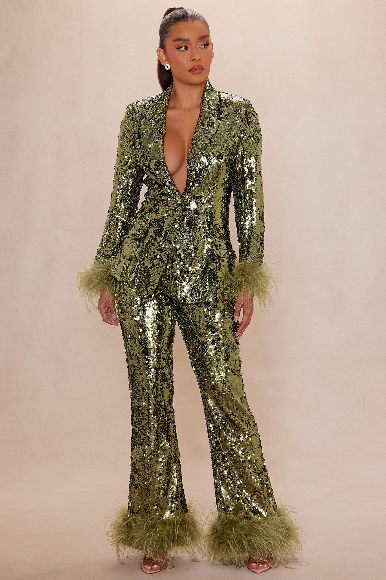 Dania Sequin Feather Pant - Olive