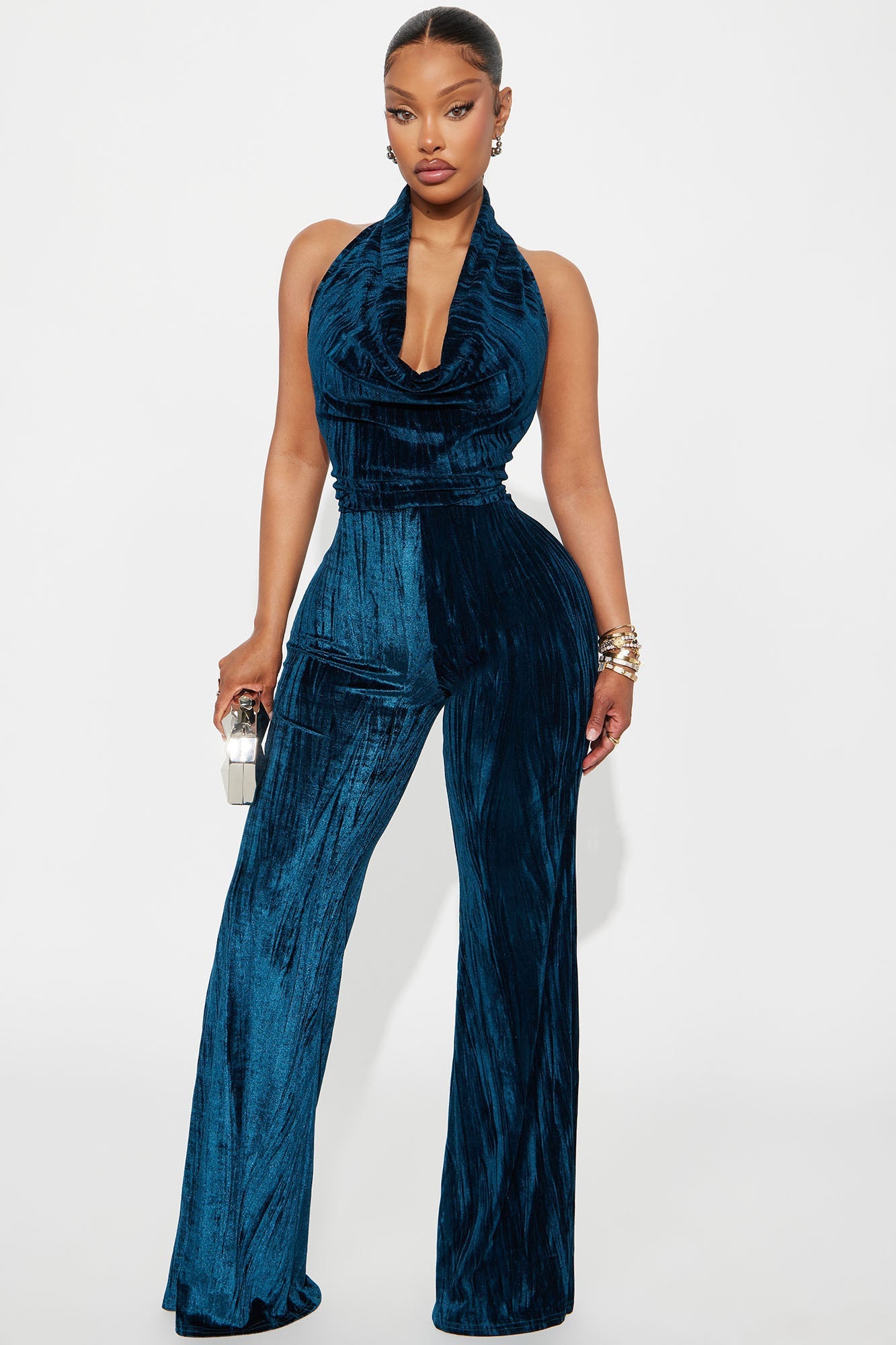 Leah Velvet Halter Flare Leg Jumpsuit - Teal