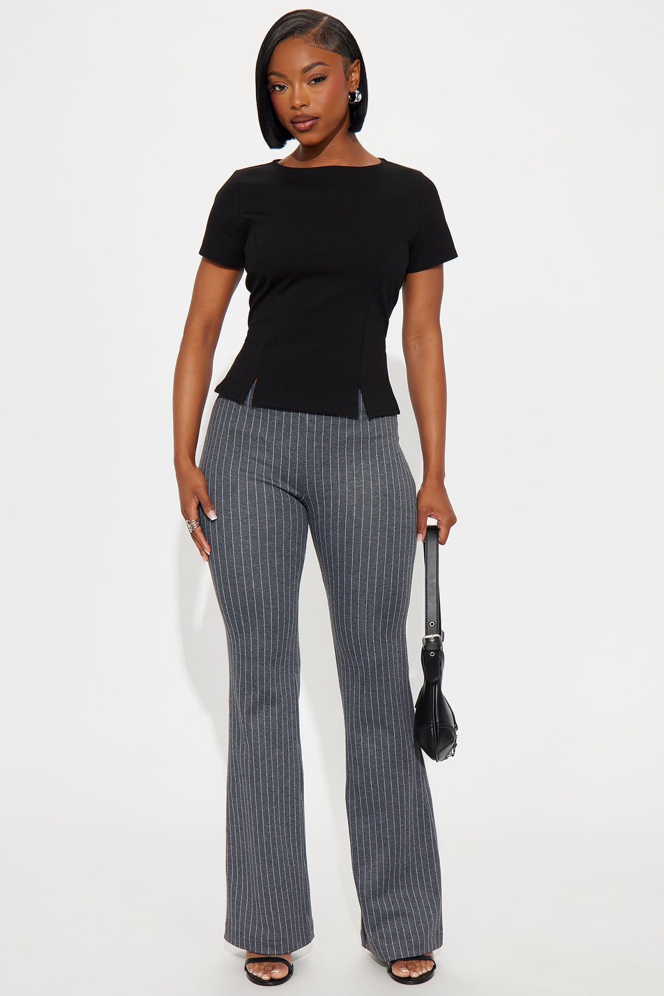Booked And Busy Pinstripe Ponte Flare Pant 33 - Charcoal/combo