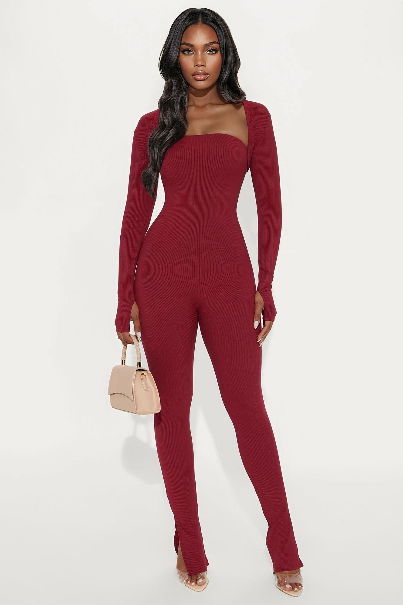 Jeanette Snatched Jumpsuit Set - Burgundy