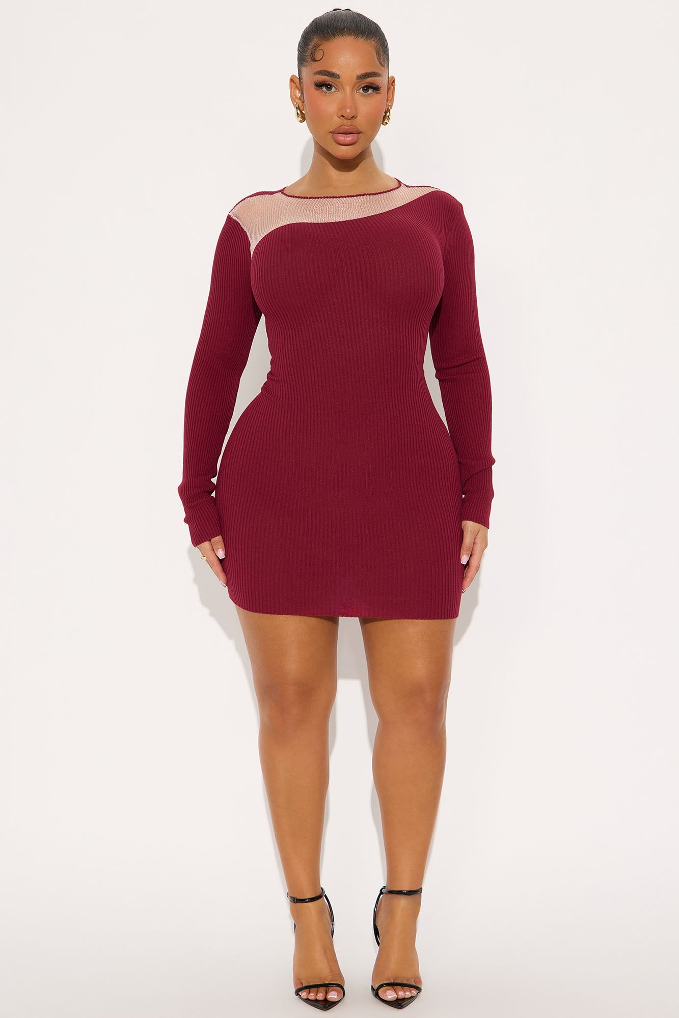 Burnt Bloom Mini Ribbed Dress - Burgundy