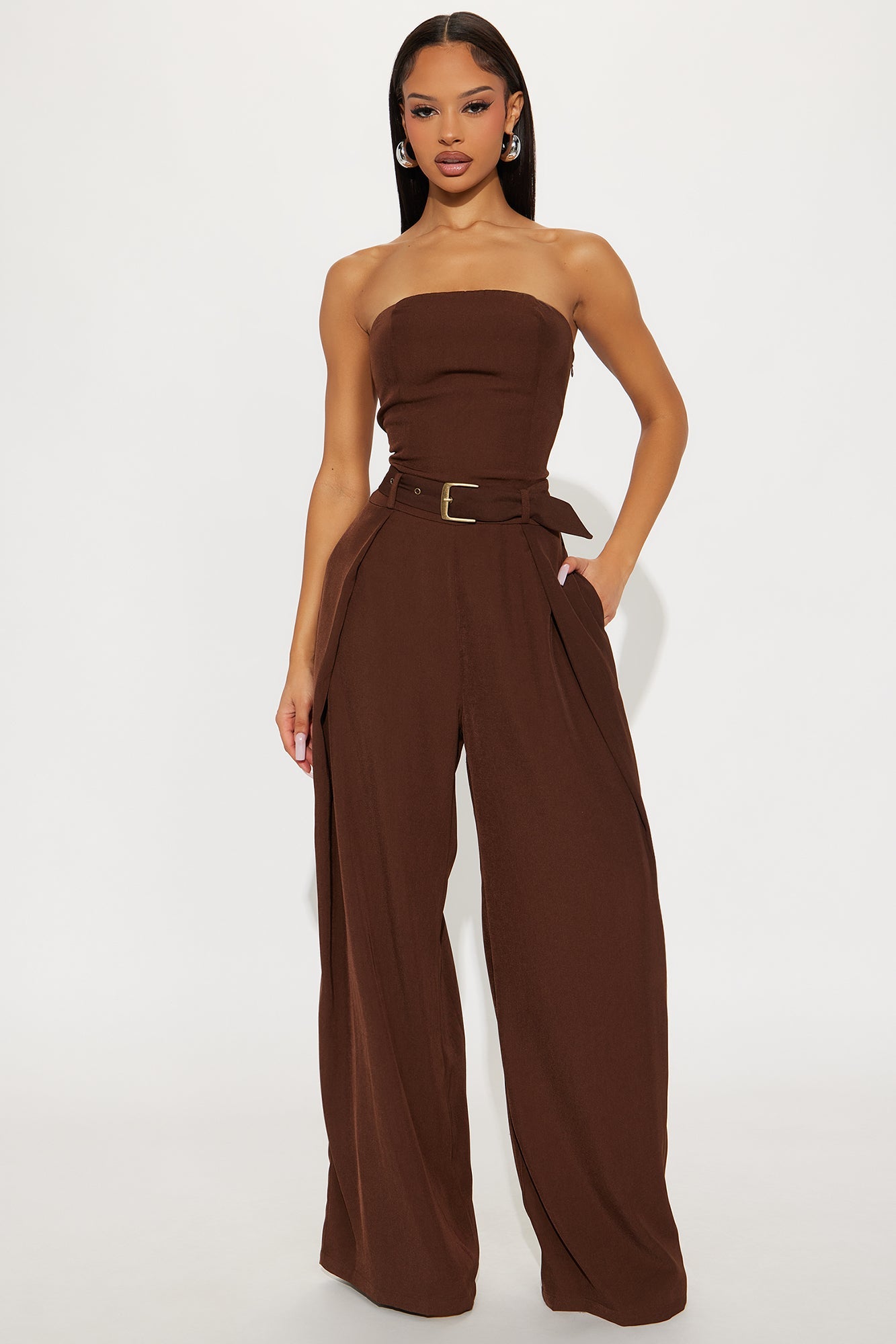 My Darling Belted Wide Leg Jumpsuit - Chocolate