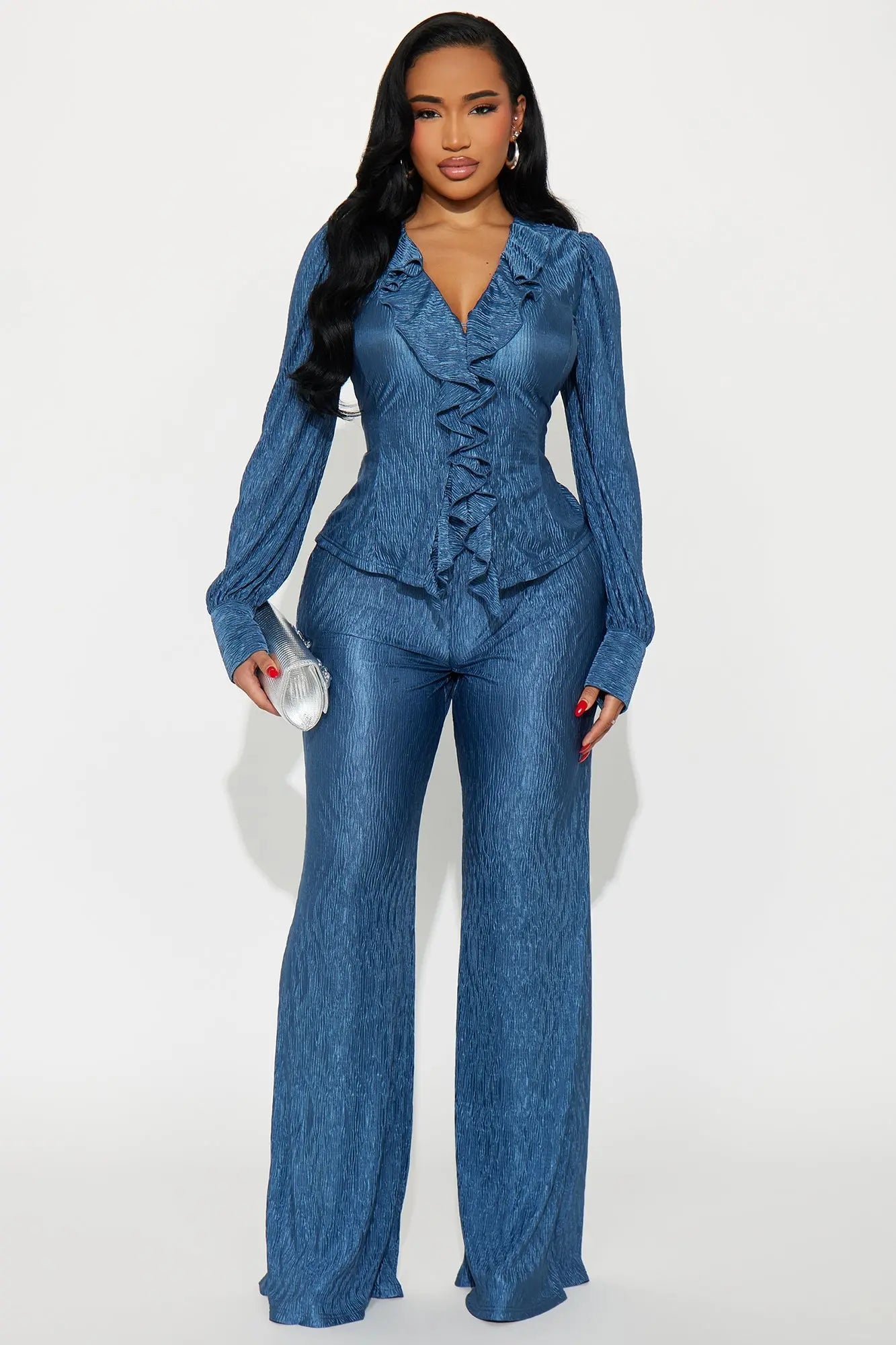 Sabine Plisse Ruffle Pant Set - Blue