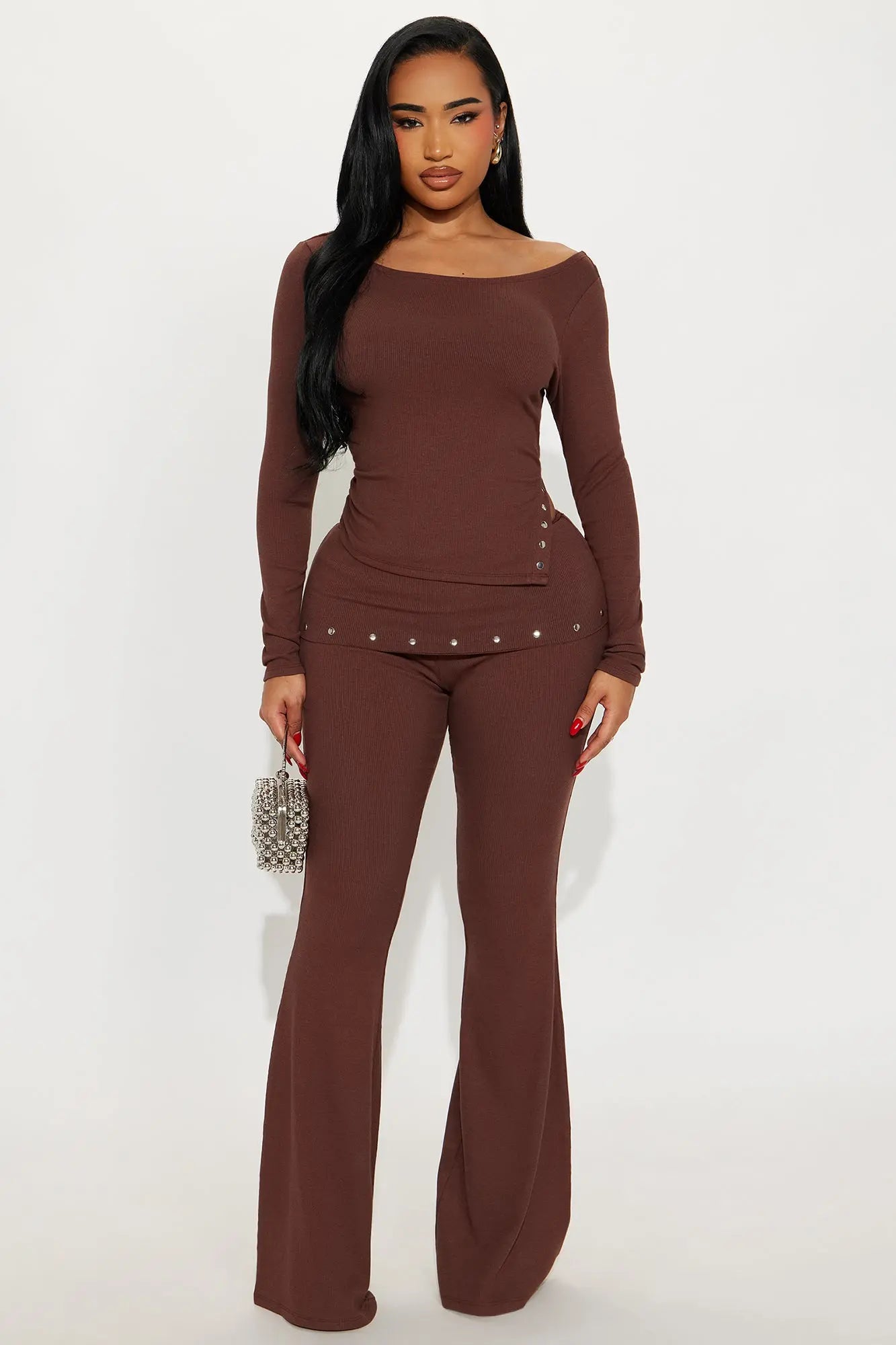 Selene Studded Ribbed Pant Set - Chocolate