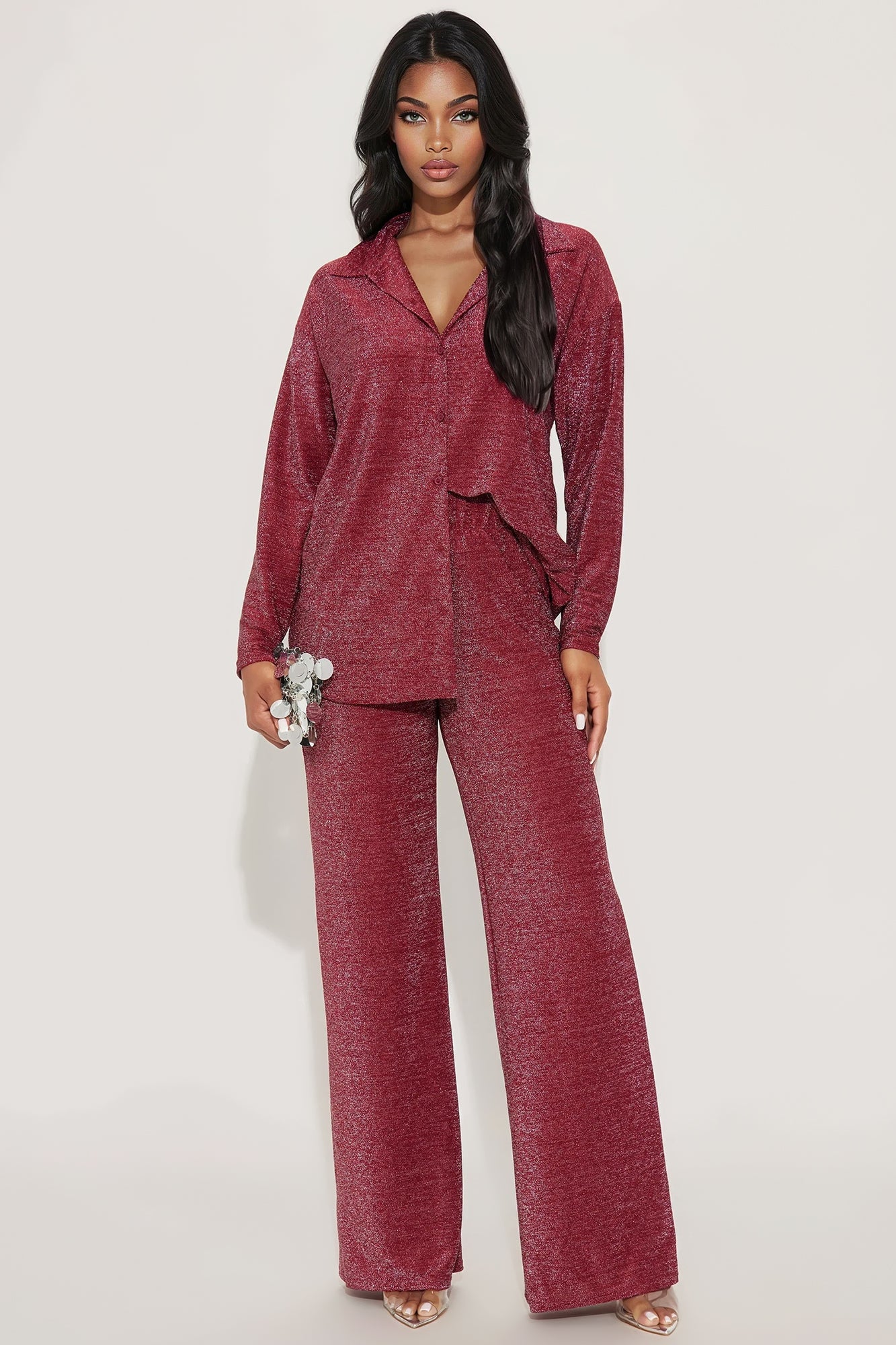 Klarissa Metallic Knit Pant Set - Burgundy