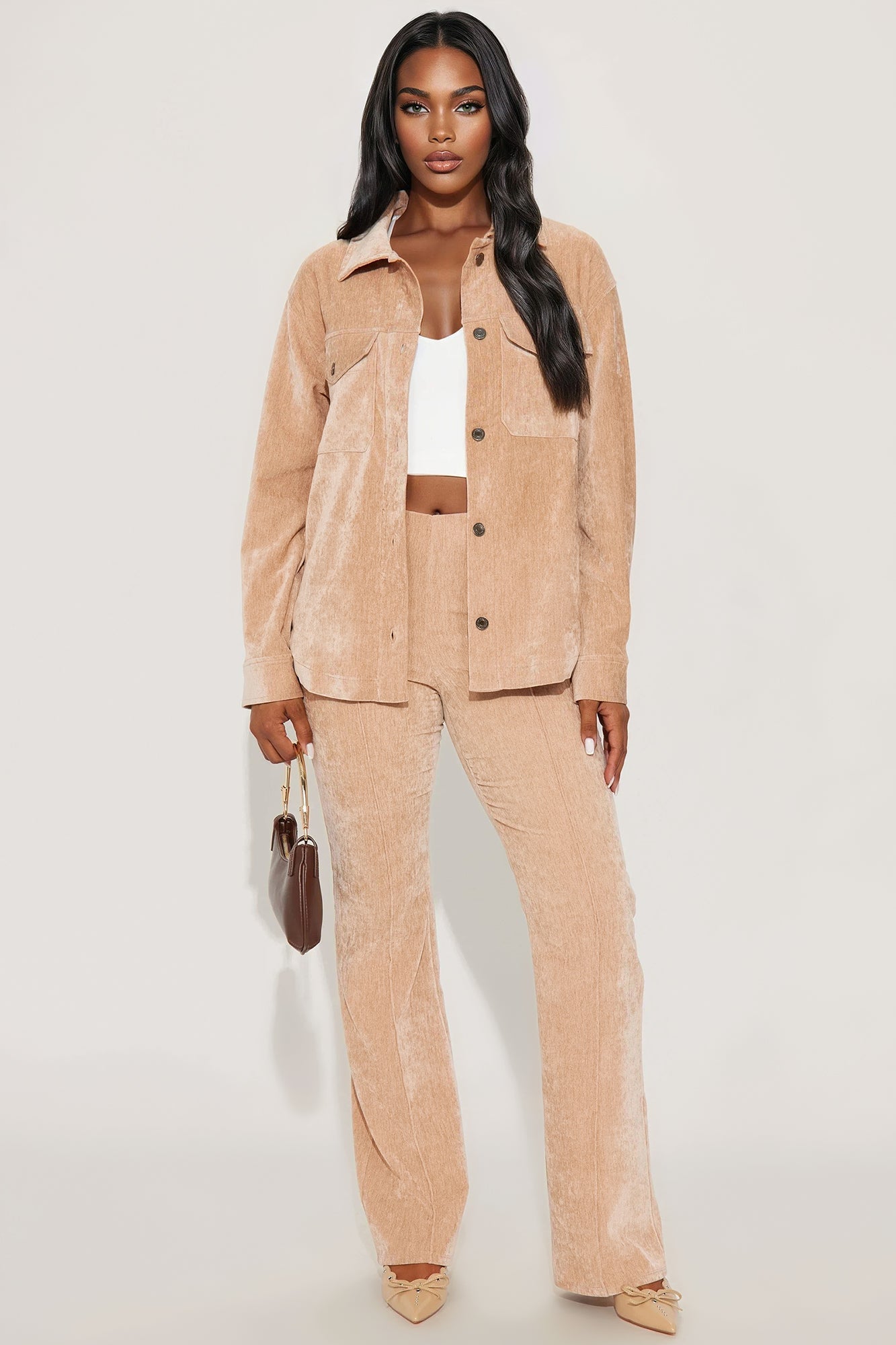 Corrina Velvet Shacket Pant Set - Taupe
