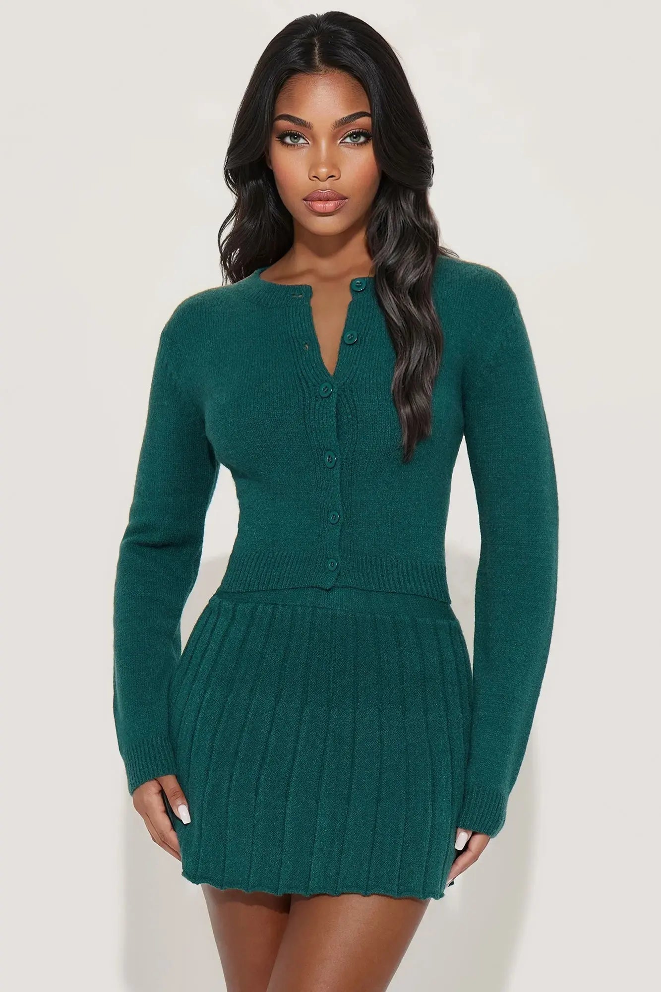All Prepped Up Sweater Cardigan Mini Skirt Set - Hunter