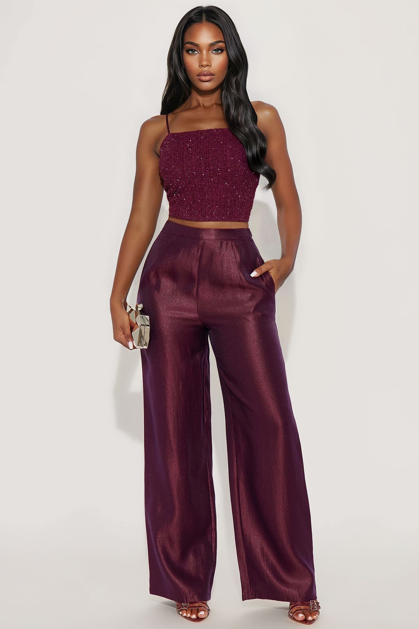 Reflected In Your Eyes Embellished Pant Set - Burgundy