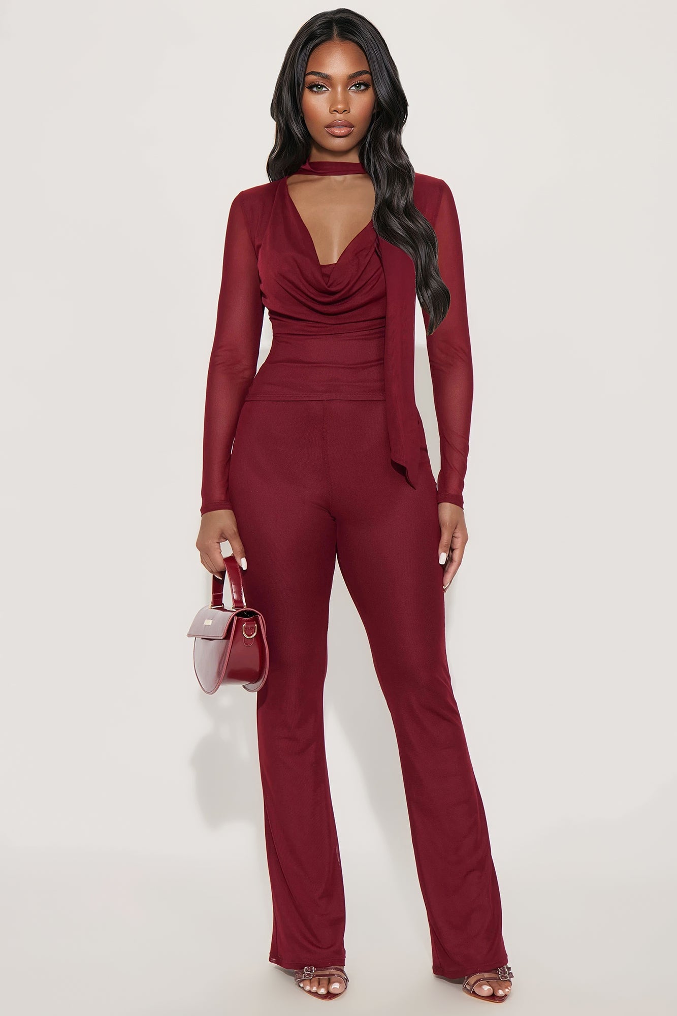 Maya Cowl Neck Scarf Top And Pant Set - Burgundy
